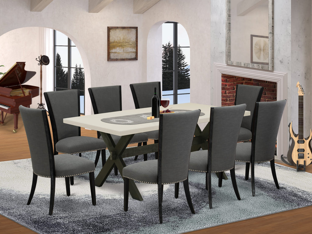 East West Furniture X627VE650-9 9 Piece Dining Room Table Set Includes a Rectangle Dining Table with X-Legs and 8 Dark Gotham Linen Fabric Upholstered Chairs, 40x72 Inch, Multi-Color