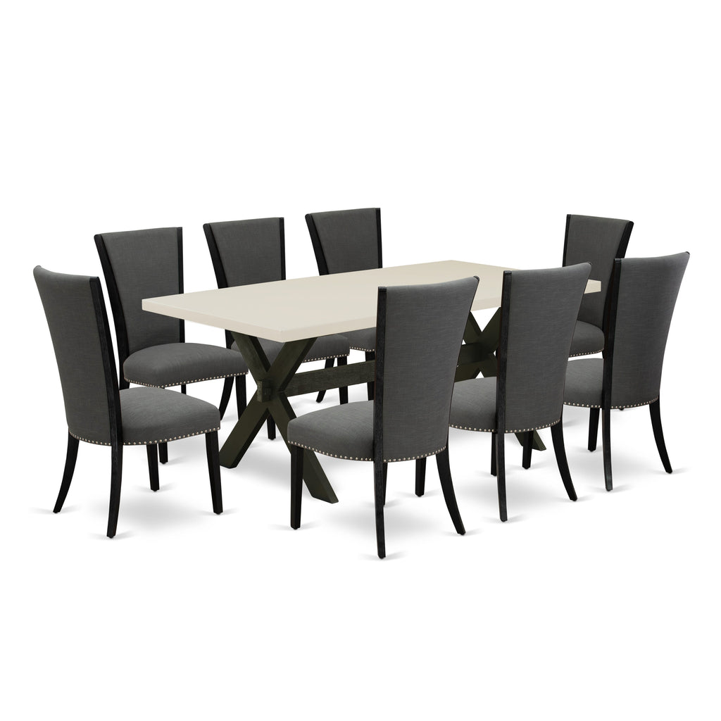 East West Furniture X627VE650-9 9 Piece Dining Room Table Set Includes a Rectangle Dining Table with X-Legs and 8 Dark Gotham Linen Fabric Upholstered Chairs, 40x72 Inch, Multi-Color