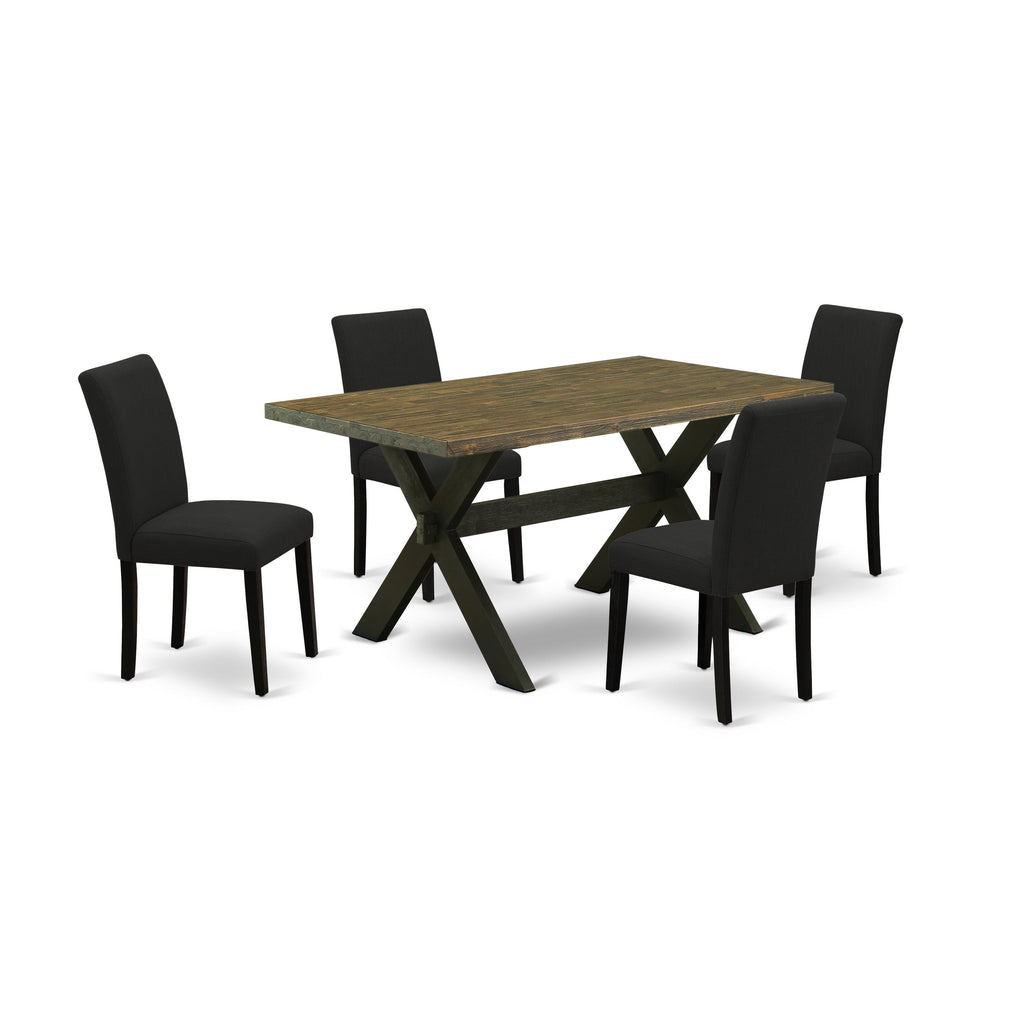 Juego de mesa de cocina de 5 piezas East West Furniture X676AB624-5 para 4 personas. Incluye una mesa de comedor rectangular con patas en forma de X y 4 sillas tapizadas en tela de lino de color negro.