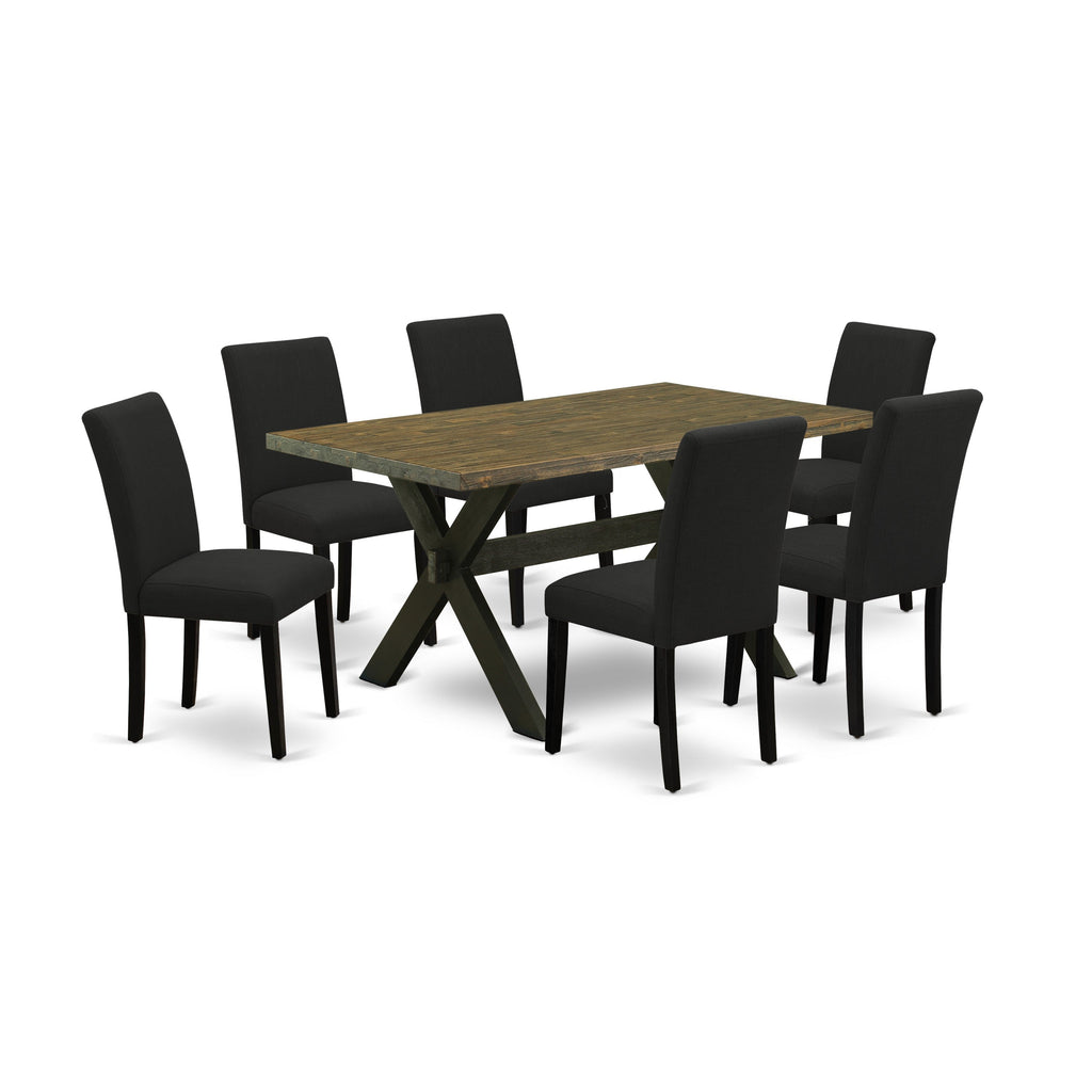 Juego de mesa de comedor de 7 piezas East West Furniture X676AB624-7 compuesto por una mesa de comedor rectangular con patas en forma de X y 6 sillas tapizadas en tela de lino de color negro.
