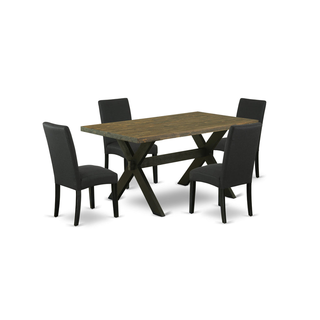 El juego de mesa de comedor de 5 piezas East West Furniture X676DR124-5 incluye una mesa de cocina rectangular con patas en forma de X y 4 sillas de comedor Parson de tela de lino de color negro.