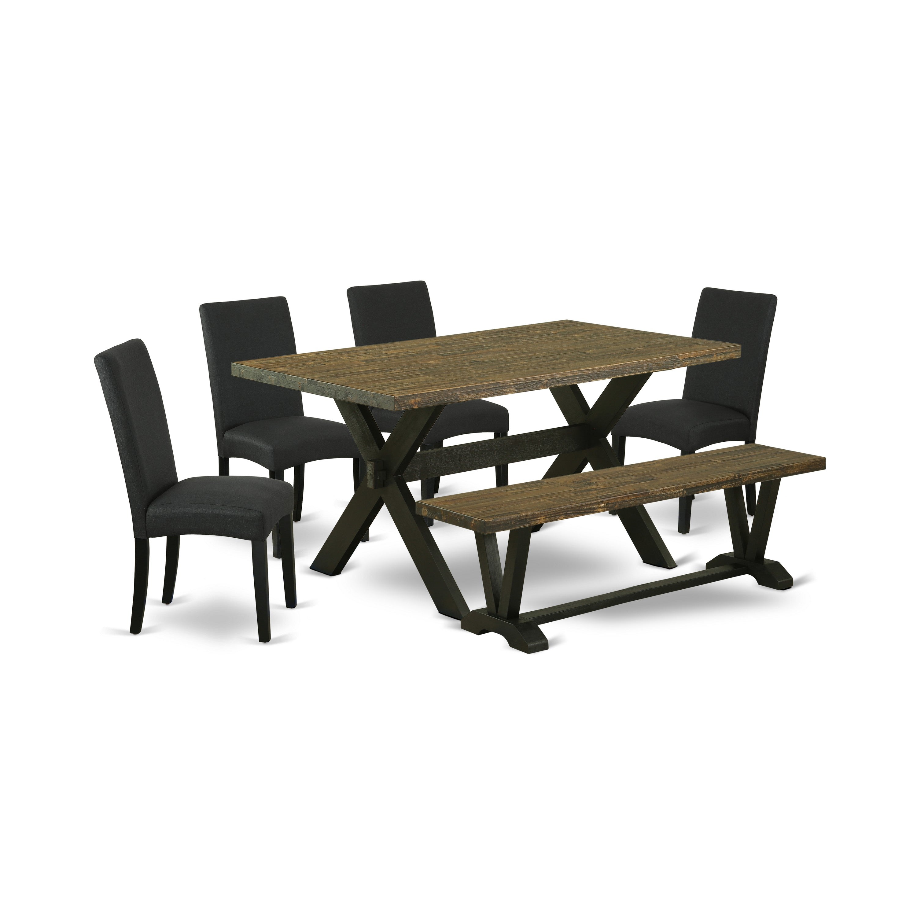 East West Furniture 6-Piece Dining Table Set- 4 Kitchen Chairs with Black Linen Fabric Seat and Stylish Chair Back - Rectangular top & Wooden Cross Legs Wood Kitchen Table and Wood Bench - Distressed Jacobean and Black Finish