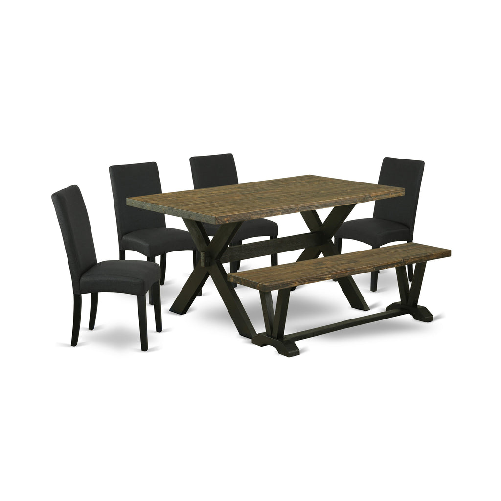 Juego de mesa de cocina de 6 piezas East West Furniture X676DR124-6. Contiene una mesa de comedor rectangular con patas en forma de X y 4 sillas Parson de tela de lino de color negro con un banco.