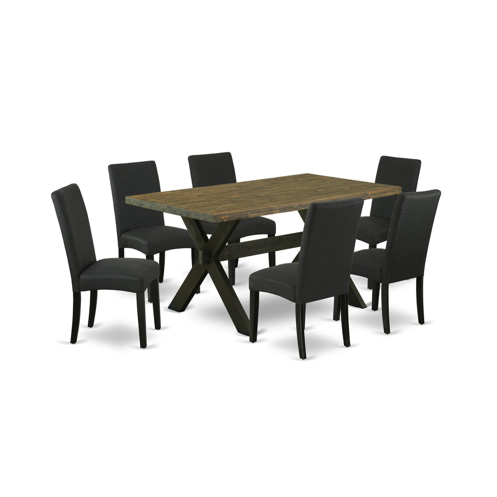 Juego de comedor East West Furniture X676DR124-7 de 7 piezas compuesto por una mesa de comedor rectangular con patas en forma de X y 6 sillas tapizadas en tela de lino de color negro.