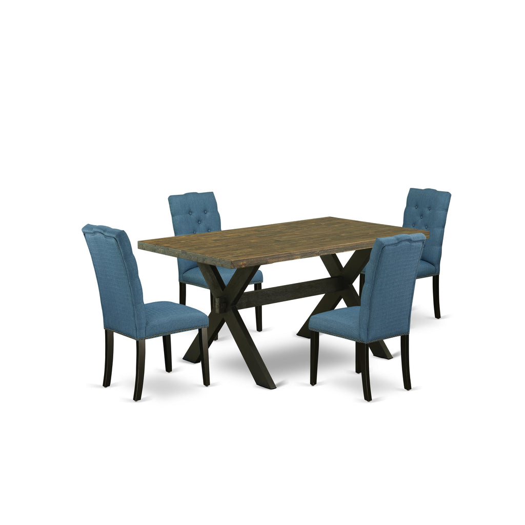 Juego de comedor de 5 piezas East West Furniture X676EL121-5. Incluye una mesa de comedor rectangular con patas en forma de X y 4 sillas Parsons de tela de lino azul.