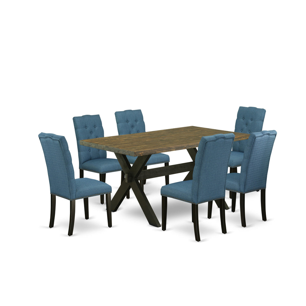 Juego de mesa y sillas de cocina de 7 piezas East West Furniture X676EL121-7. Incluye una mesa de comedor rectangular con patas en forma de X y 6 sillas Parsons de tela de lino azul.