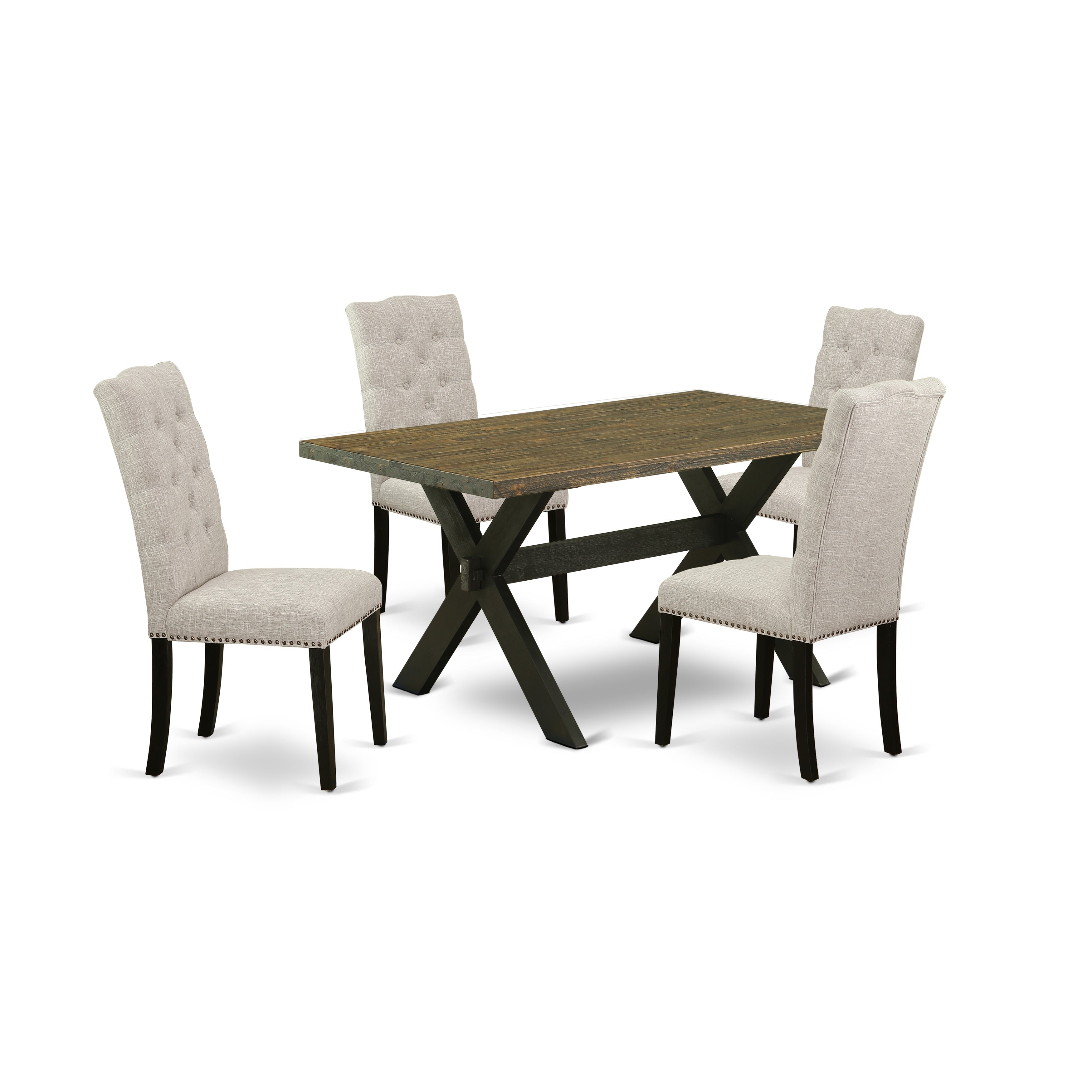 East West Furniture X676EL635-5 5-Piece Kitchen Dining Table SetIncluded 4 Parson Dining chairs Upholstered Seat and High Button Tufted Chair Back and Rectangular Kitchen Dining Table with Distressed Jacobean Mid Century Dining Table top (Black Finish)