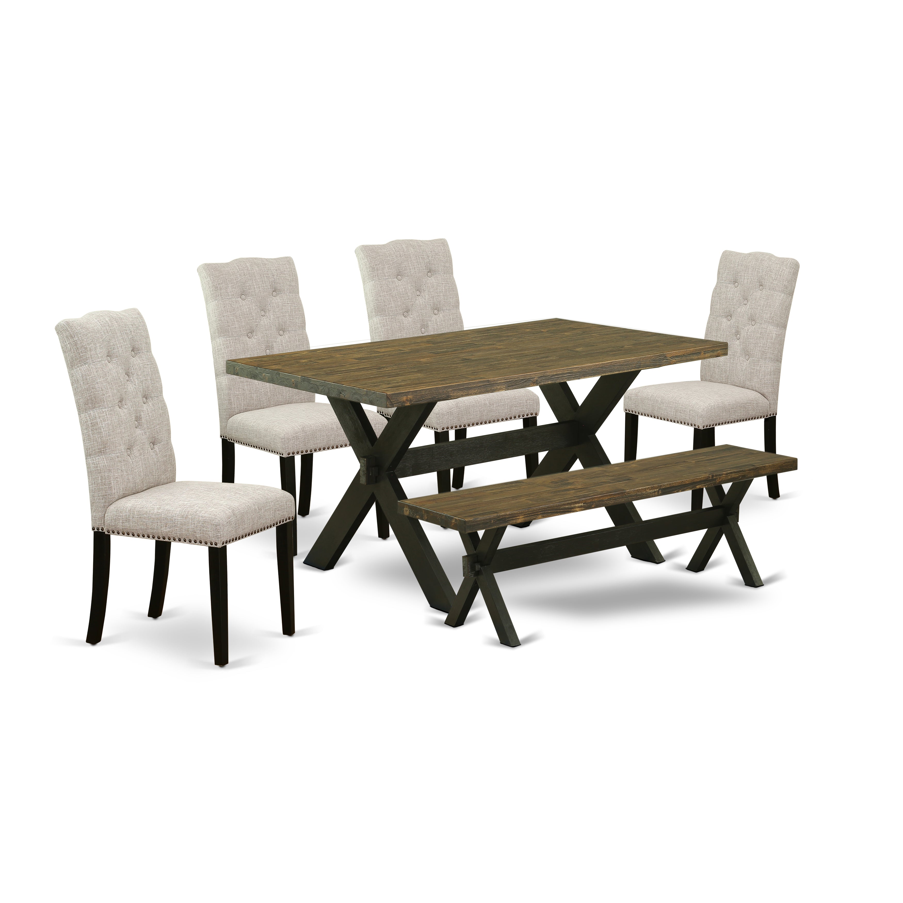 East West Furniture X676EL635-6 6 Piece Dining Room Set Contains a Rectangle Dining Table with X-Legs and 4 Doeskin Linen Fabric Parson Chairs with a Bench