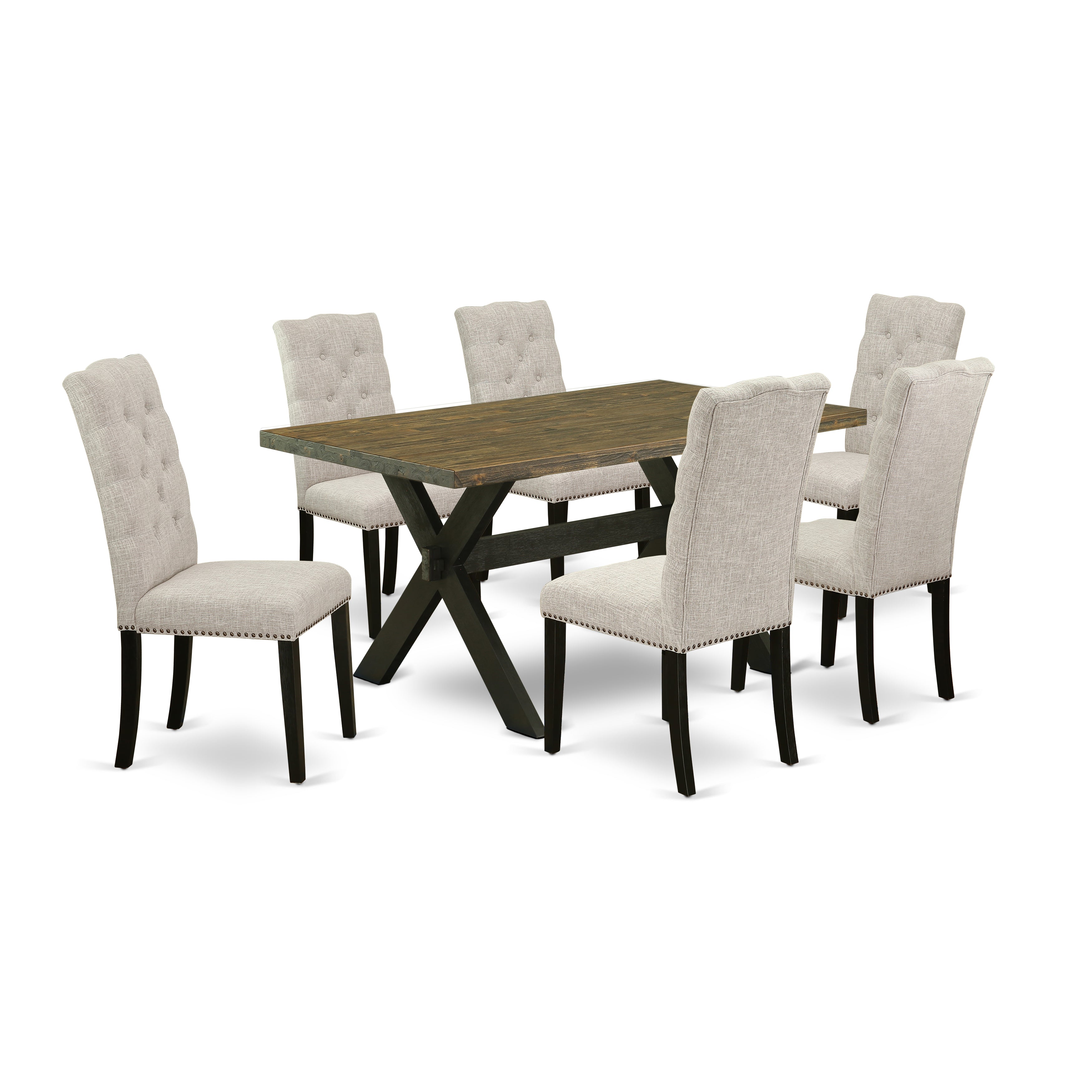 East West Furniture X676EL635-7 7-Pc a Beautiful Distressed Jacobean Dining Table top and 6 Beautiful Parson Dining chairs with Nail Heads and Button Tufted, Wire Brushed Black Finish