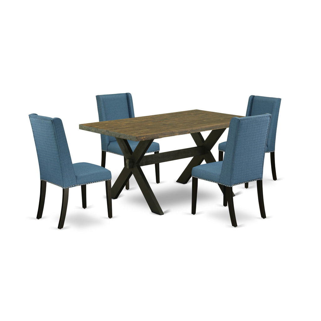 East West Furniture X676FL121-5 5 Piece Dining Room Table Set Includes a Rectangle Kitchen Table with X-Legs and 4 Blue Linen Fabric Parson Dining Chairs