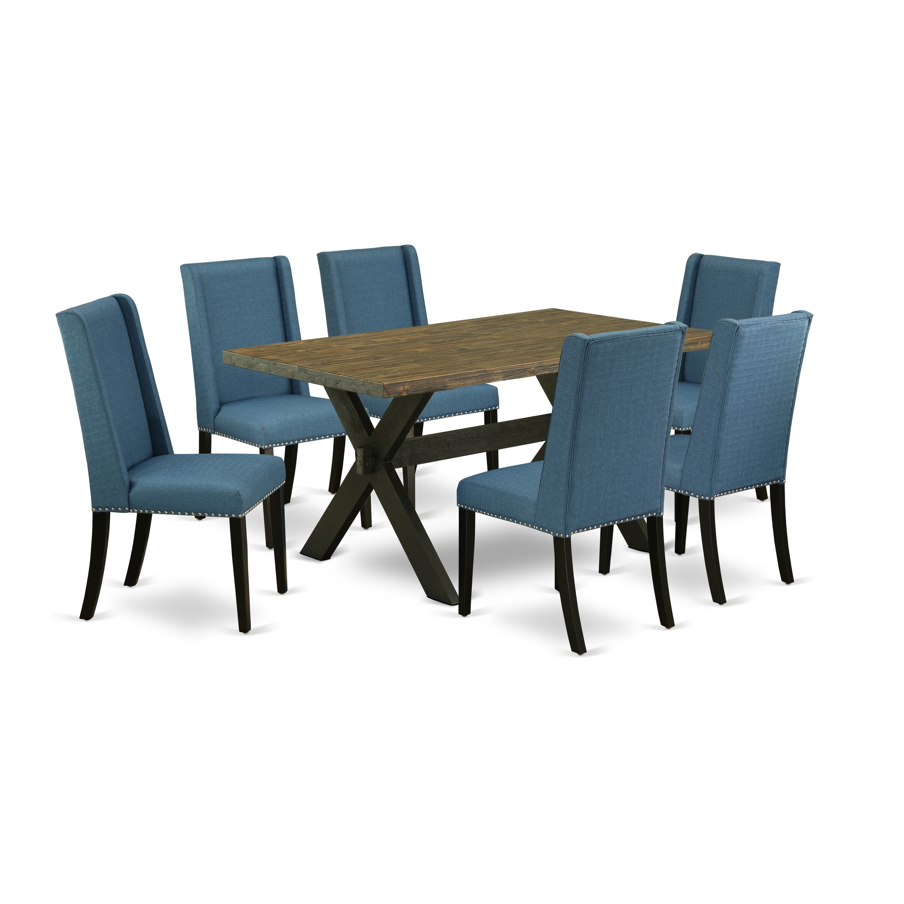 Juego de comedor de 7 piezas East West Furniture X676FL121-7 compuesto por una mesa de comedor rectangular con patas en forma de X y 6 sillas tapizadas en tela de lino azul.