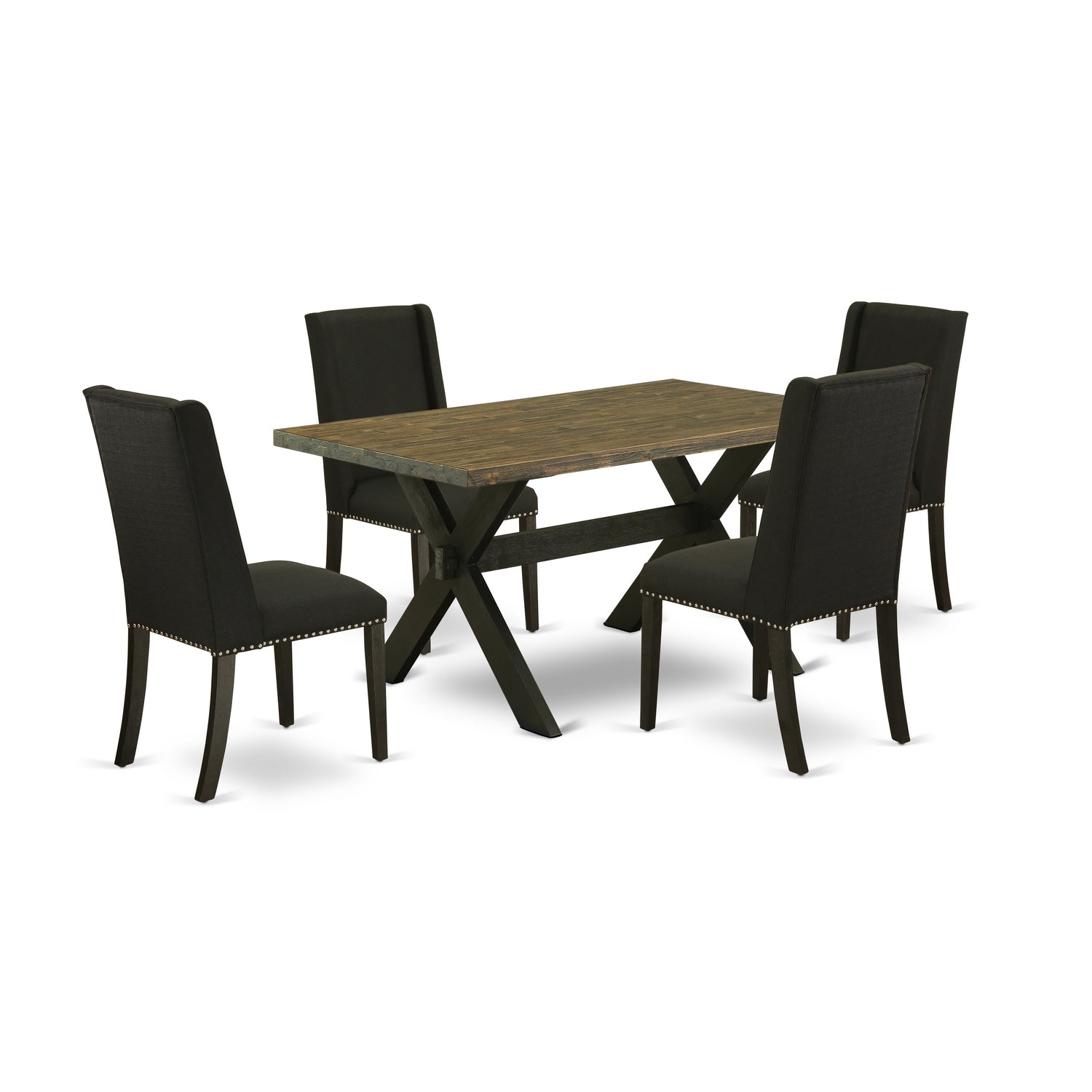 East West Furniture X676FL624-5 5-Piece Dining SetIncluded 4 Dining Chair Upholstered Nail Head Seat and Stylish Chair Back and Rectangular Kitchen Dining Table with Distressed Jacobean Dining Table top (Black Finish)