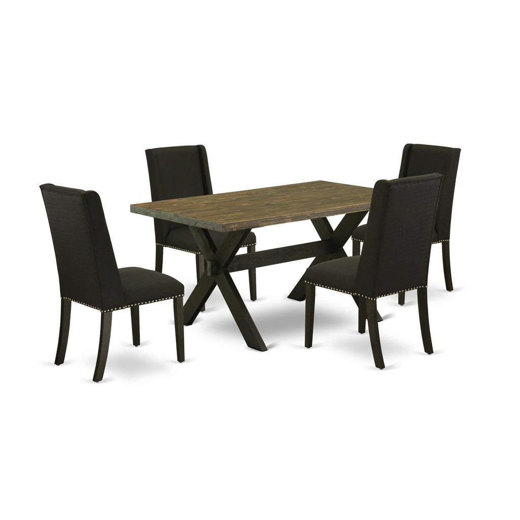 East West Furniture X676FL624-5 5 Piece Dining Set Includes a Rectangle Dining Room Table with X-Legs and 4 Black Linen Fabric Upholstered Parson Chairs