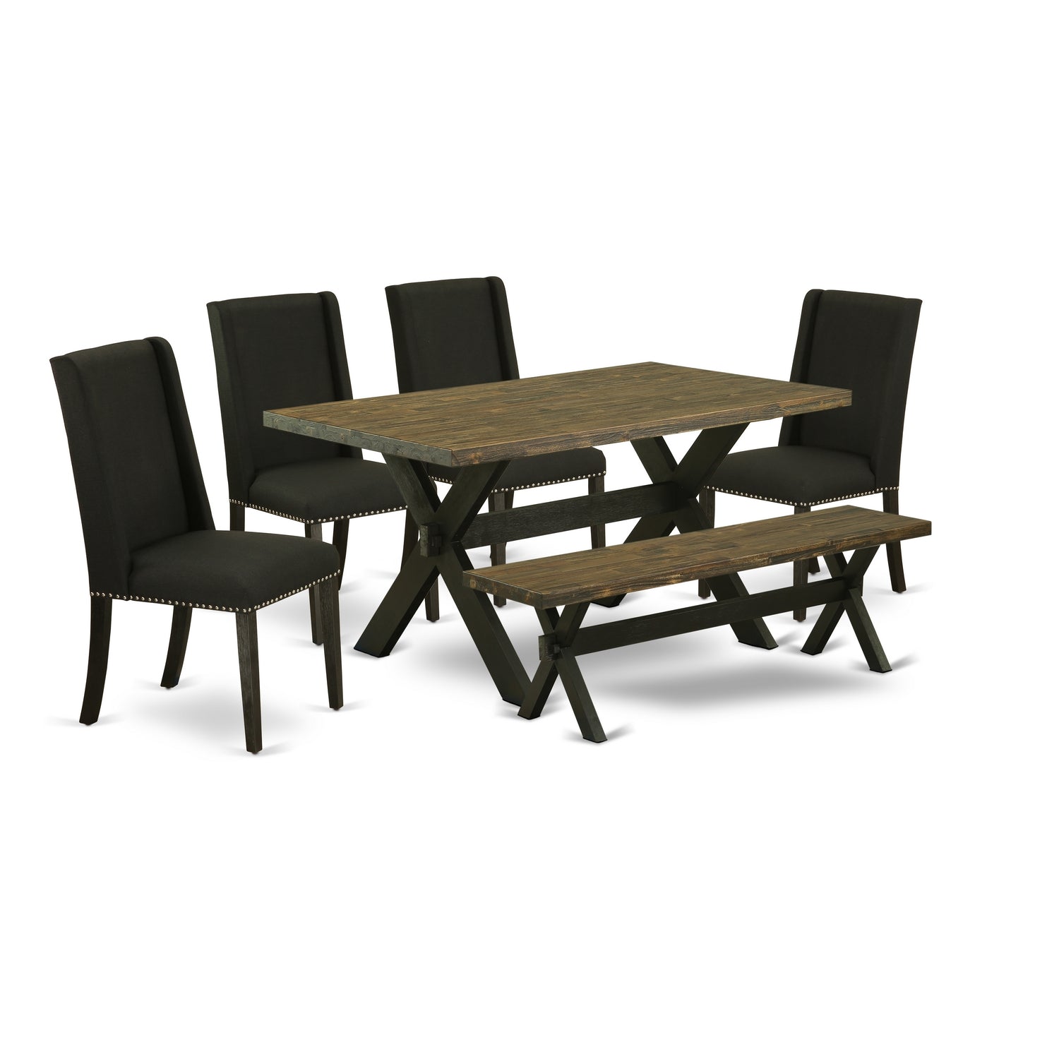 East West Furniture X676FL624-6 6 Piece Dinette Set Contains a Rectangle Dining Table with X-Legs and 4 Black Linen Fabric Parson Chairs with a Bench