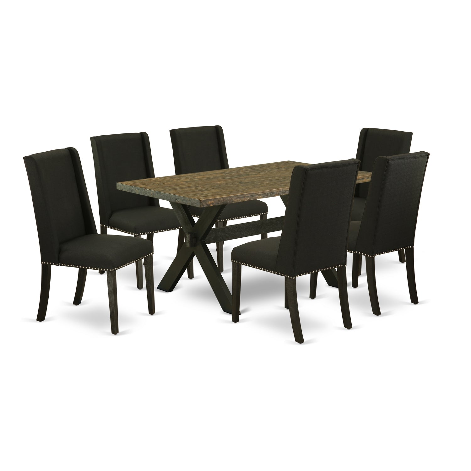 East West Furniture X676FL624-7 7-Piece dinette set a beautiful Distressed Jacobean mid century dining table top and 6 Beautiful parson�s dining room chairs with Nail heads and High Stylish Chair Back, Wire Brushed Black Finish