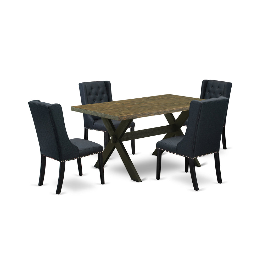 East West Furniture X676FO624-5 5 Piece Dining Room Table Set Includes a Rectangle Kitchen Table with X-Legs and 4 Black Linen Fabric Parsons Dining Chairs, 36x60 Inch, Multi-Color