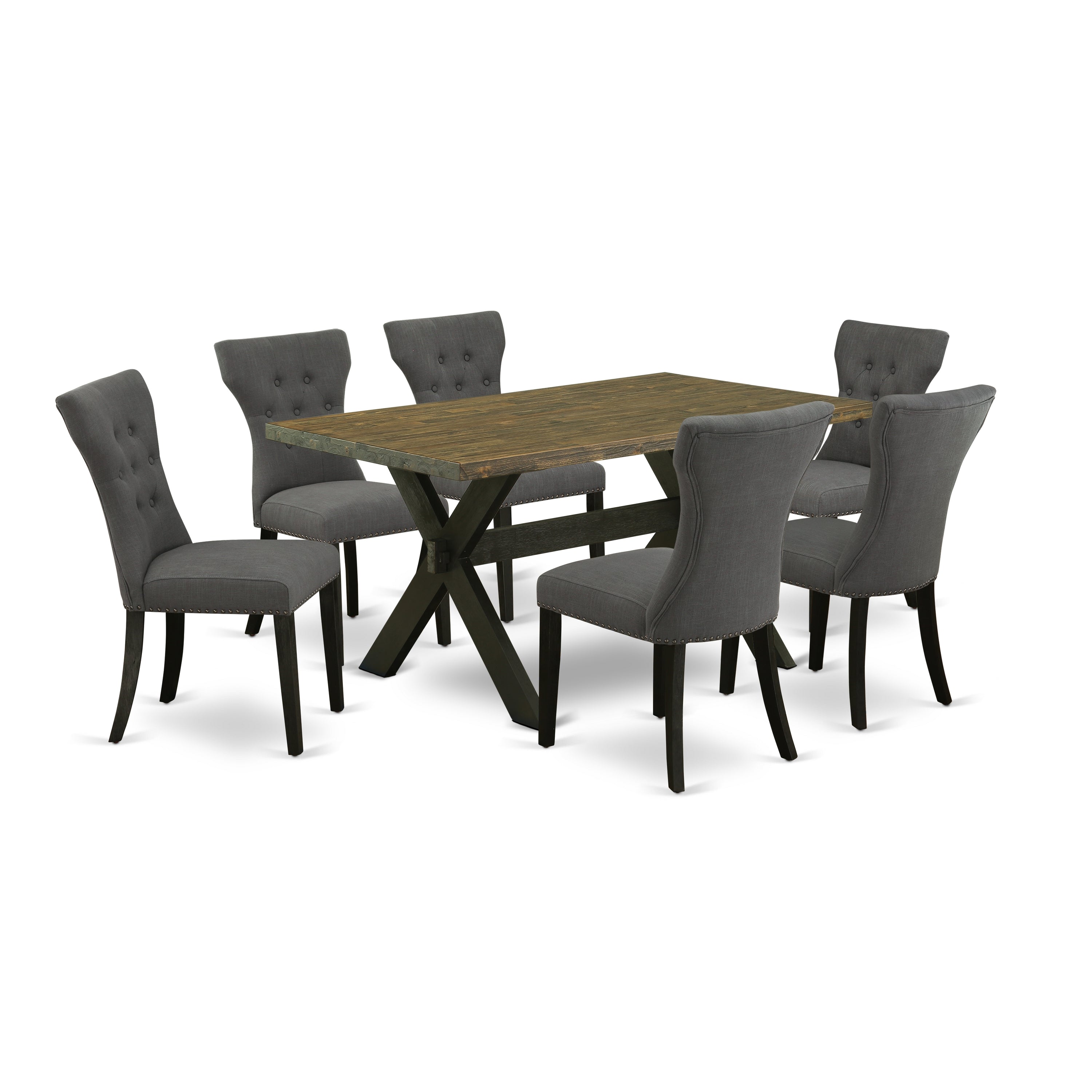 East West Furniture X676GA650-7 7-Piece dinette set a fantastic Distressed Jacobean small dining Table top and 6 Wonderful parson chairs with Nail heads and Button Tufted, Wire Brushed Black Finish