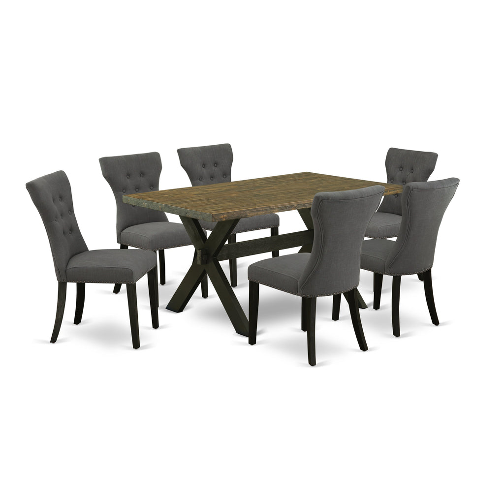 East West Furniture X676GA650-7 7 Piece Dinette Set Consist of a Rectangle Dining Room Table with X-Legs and 6 Dark Gotham Linen Fabric Upholstered Chairs