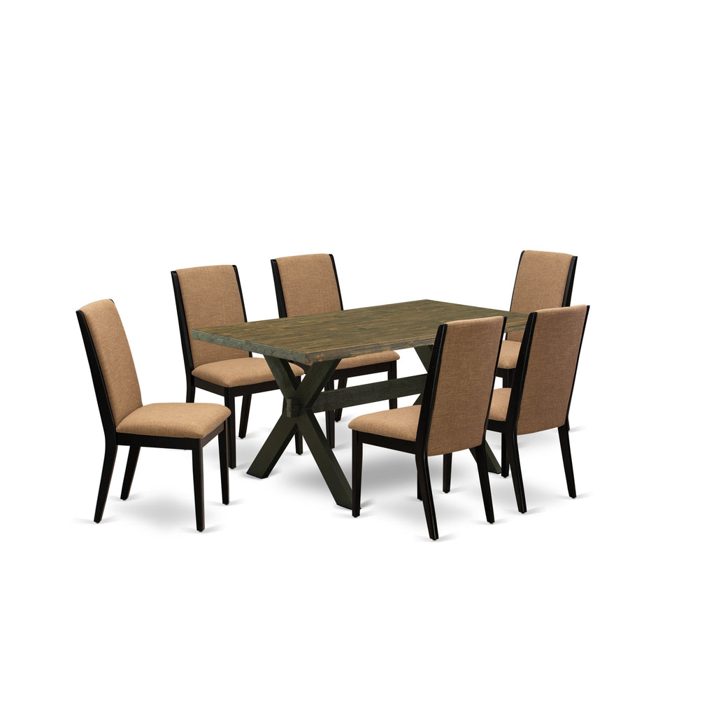 East West Furniture X676LA147-7 7 Piece Dining Set Consist of a Rectangle Dining Room Table with X-Legs and 6 Light Sable Linen Fabric Upholstered Parson Chairs, 36x60 Inch, Multi-Color