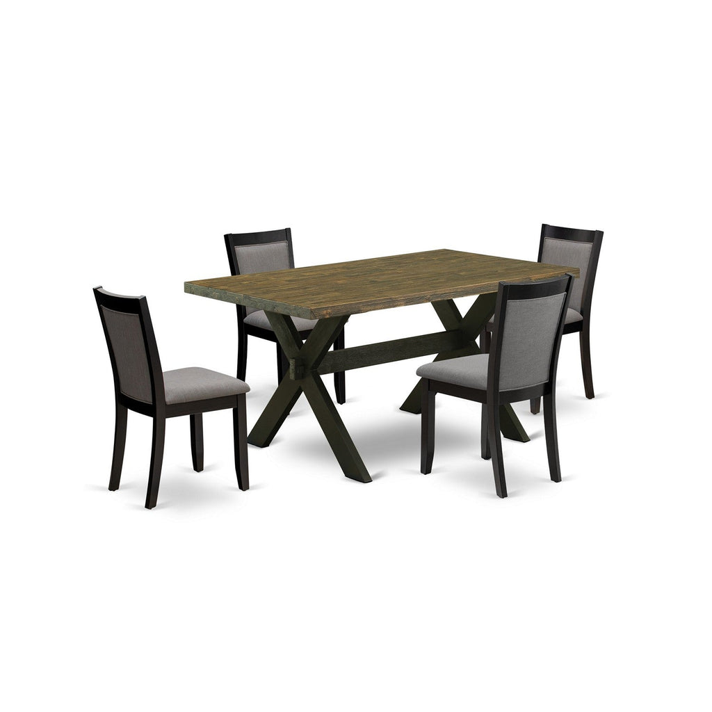 X676MZ150-5 Juego de comedor de 5 piezas: mesa rectangular de 36 x 60 y 4 sillas Parson, color negro cepillado y jacobino envejecido.