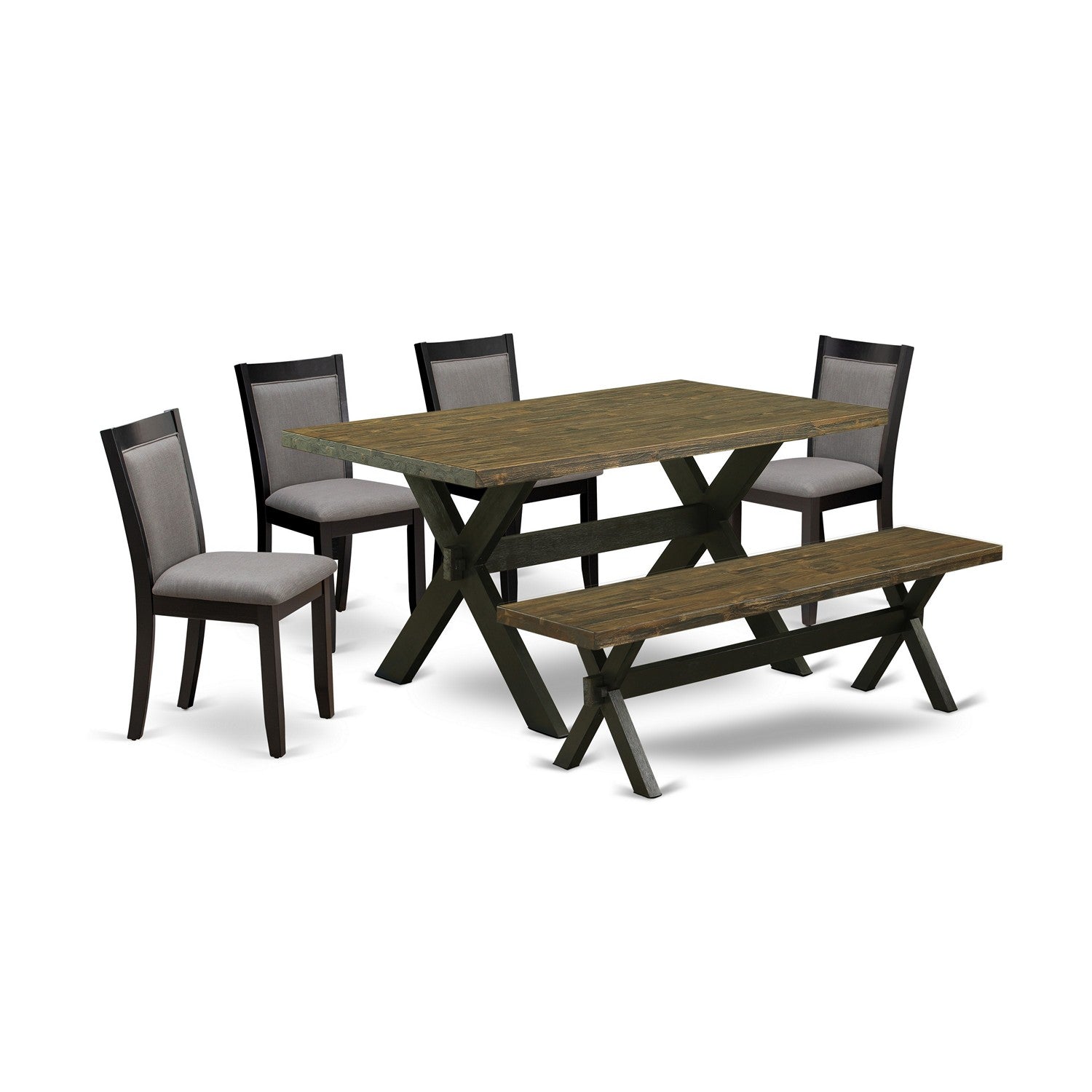 EAST WEST FURNITURE - X676MZ150-6 - 6-Pc Dining Set - 4 Dining Chairs, a Kitchen Bench and 1 Dining Room Table (Wire Brushed Black Finish)