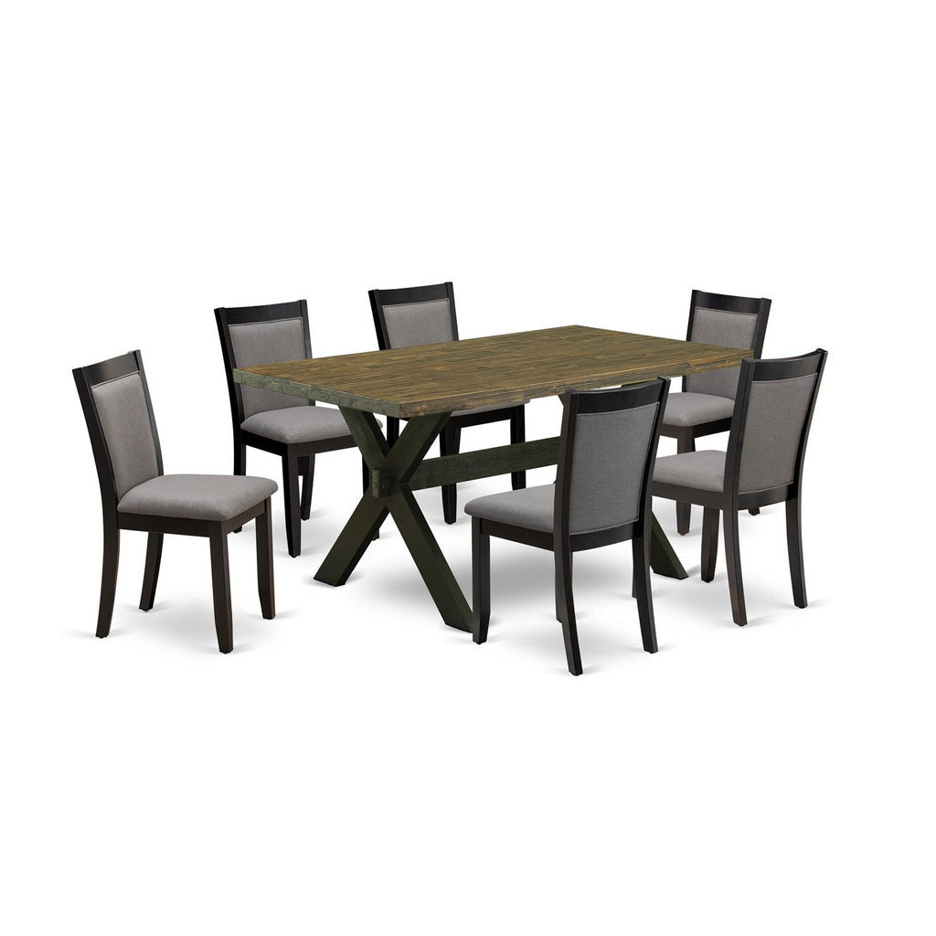 X676MZ150-7 Juego de comedor de 7 piezas: mesa rectangular de 36 x 60 y 6 sillas Parson, color negro cepillado y jacobino envejecido.