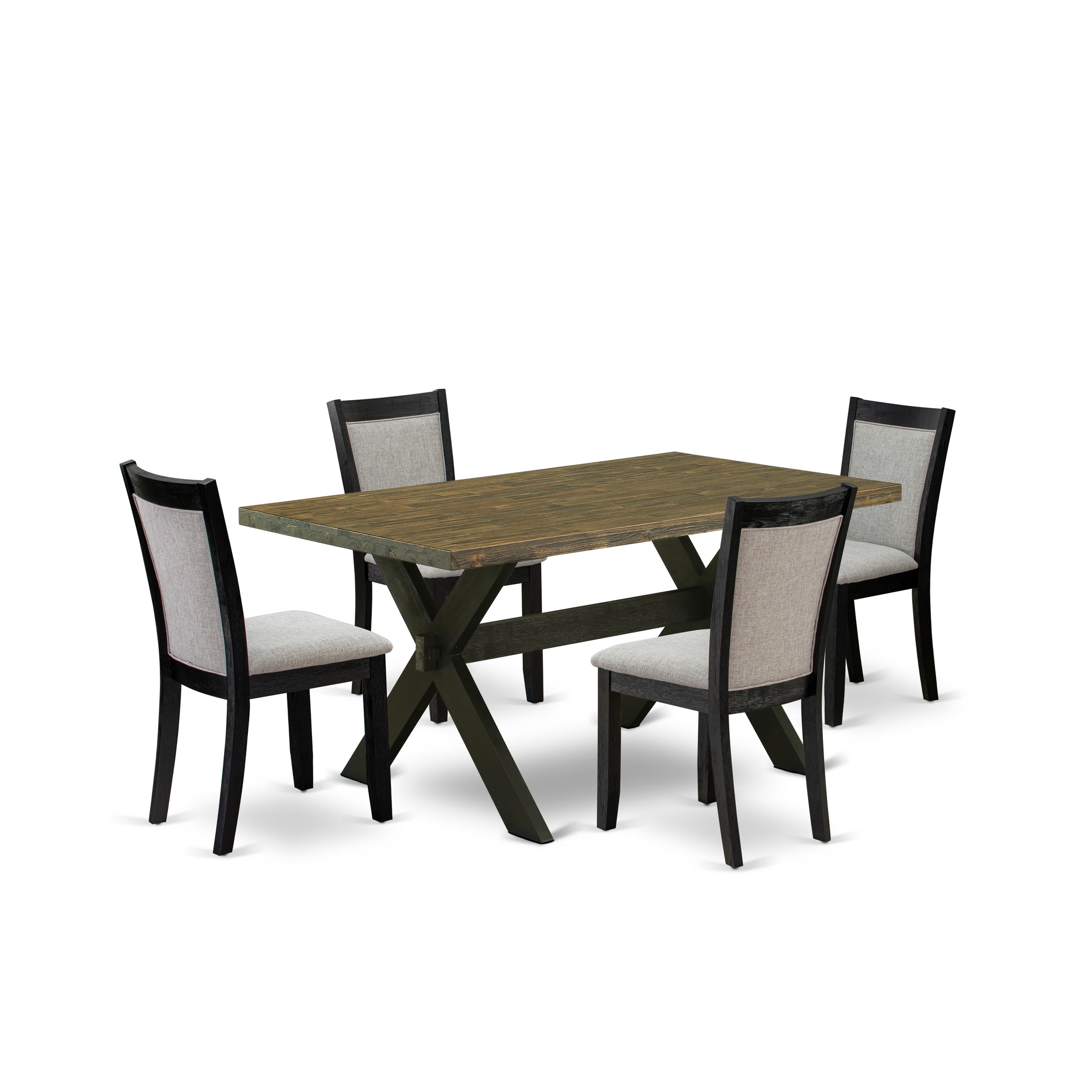 East West Furniture X676MZ606-5 5 Piece Modern Dining Set - A Distressed Jacobean Top Dinning Table with Trestle Base and 4 Shitake Linen Fabric Kitchen Chairs - Wire Brushed Black Finish