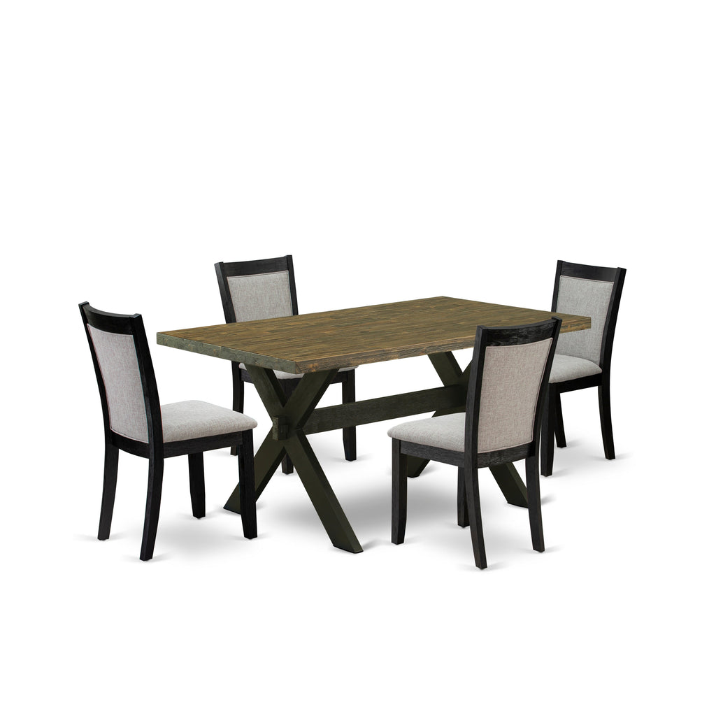 Juego de mesa y sillas de cocina de 5 piezas East West Furniture X676MZ606-5. Incluye una mesa de comedor rectangular con patas en forma de X y 4 sillas Parsons de tela de lino Shitake.