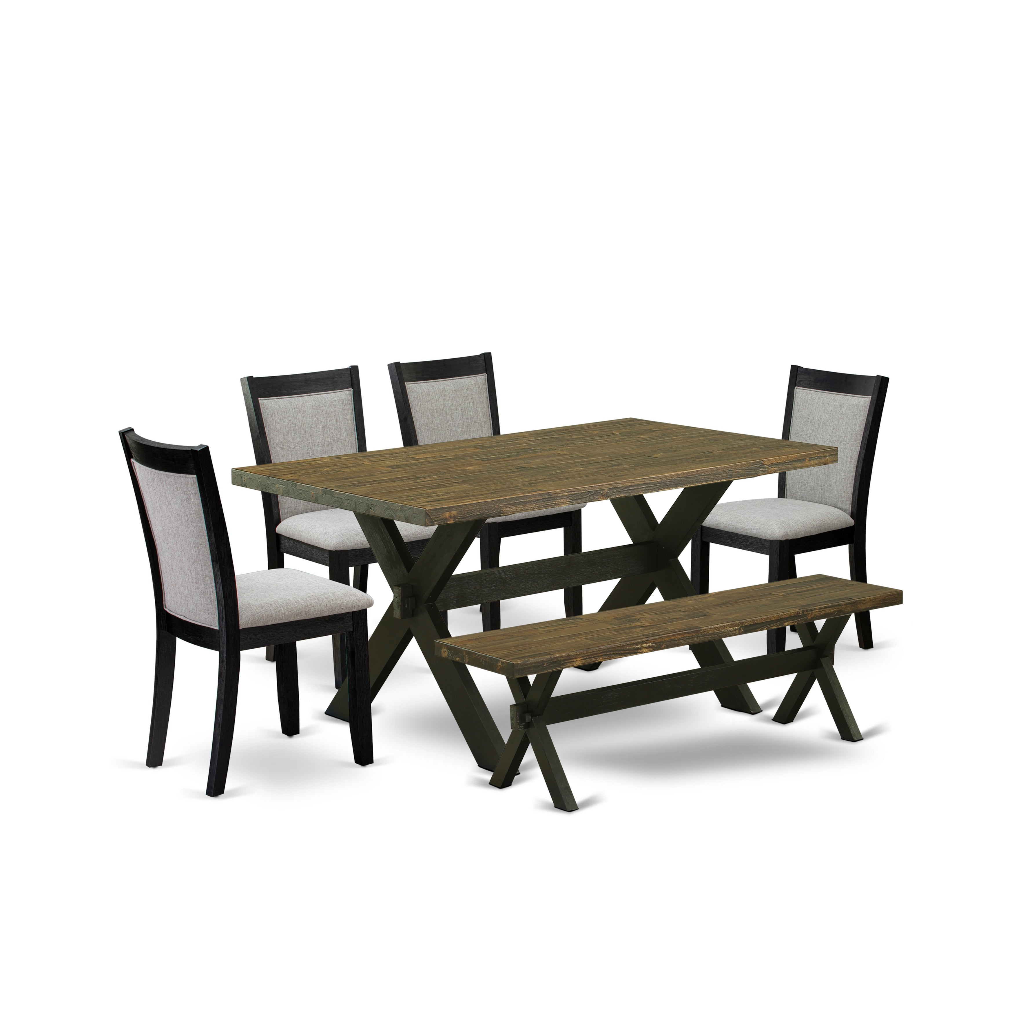 East West Furniture X676MZ606-6 6 Piece Dining Room Table Set - A Distressed Jacobean Top Dining Table with a Mid Century Bench and 4 Shitake Linen Fabric Parson Chairs - Wire Brushed Black Finish