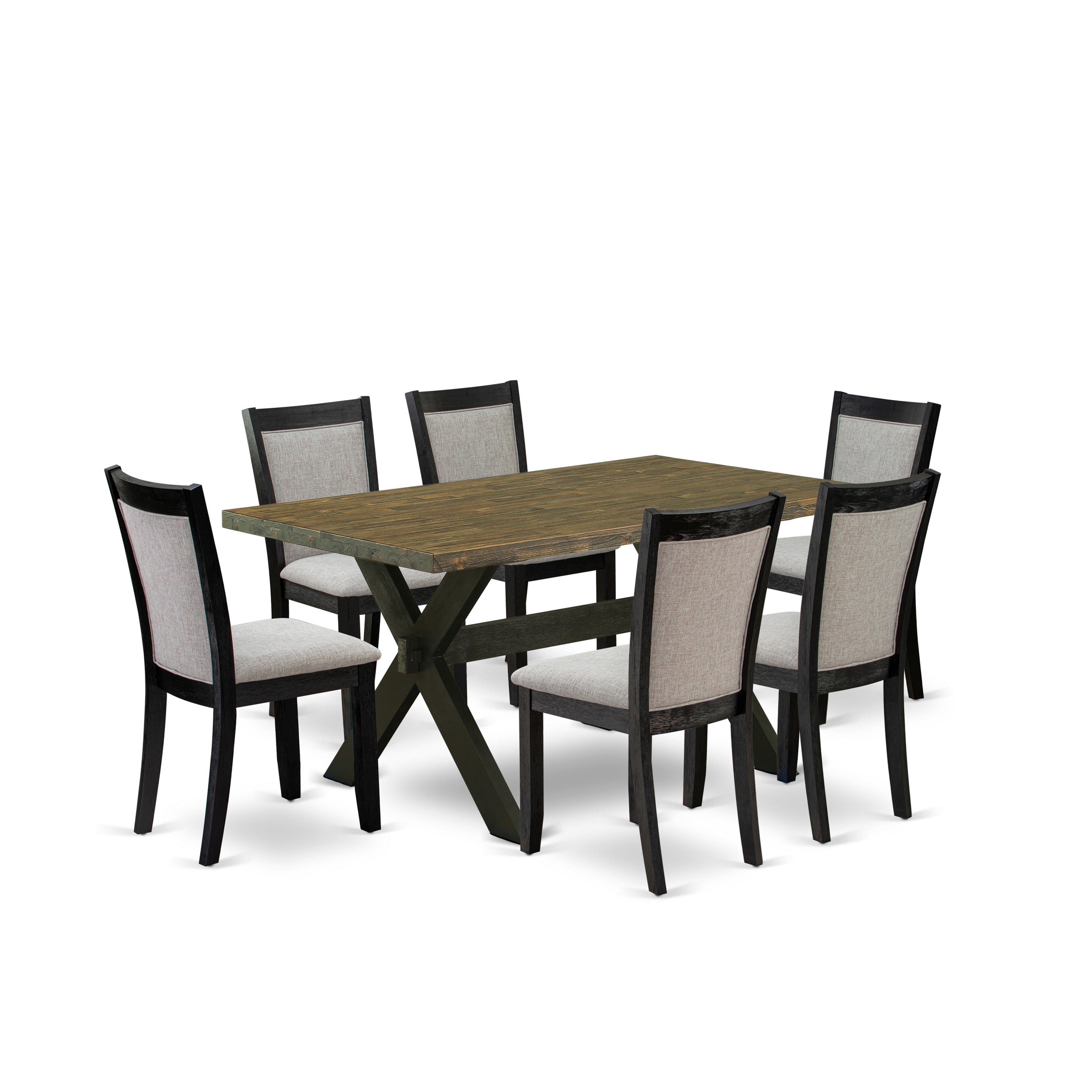 East West Furniture X676MZ606-7 7 Piece Dinette Set - A Distressed Jacobean Top Wood Dining Table with Trestle Base and 6 Shitake Linen Fabric Parson Chairs - Wire Brushed Black Finish