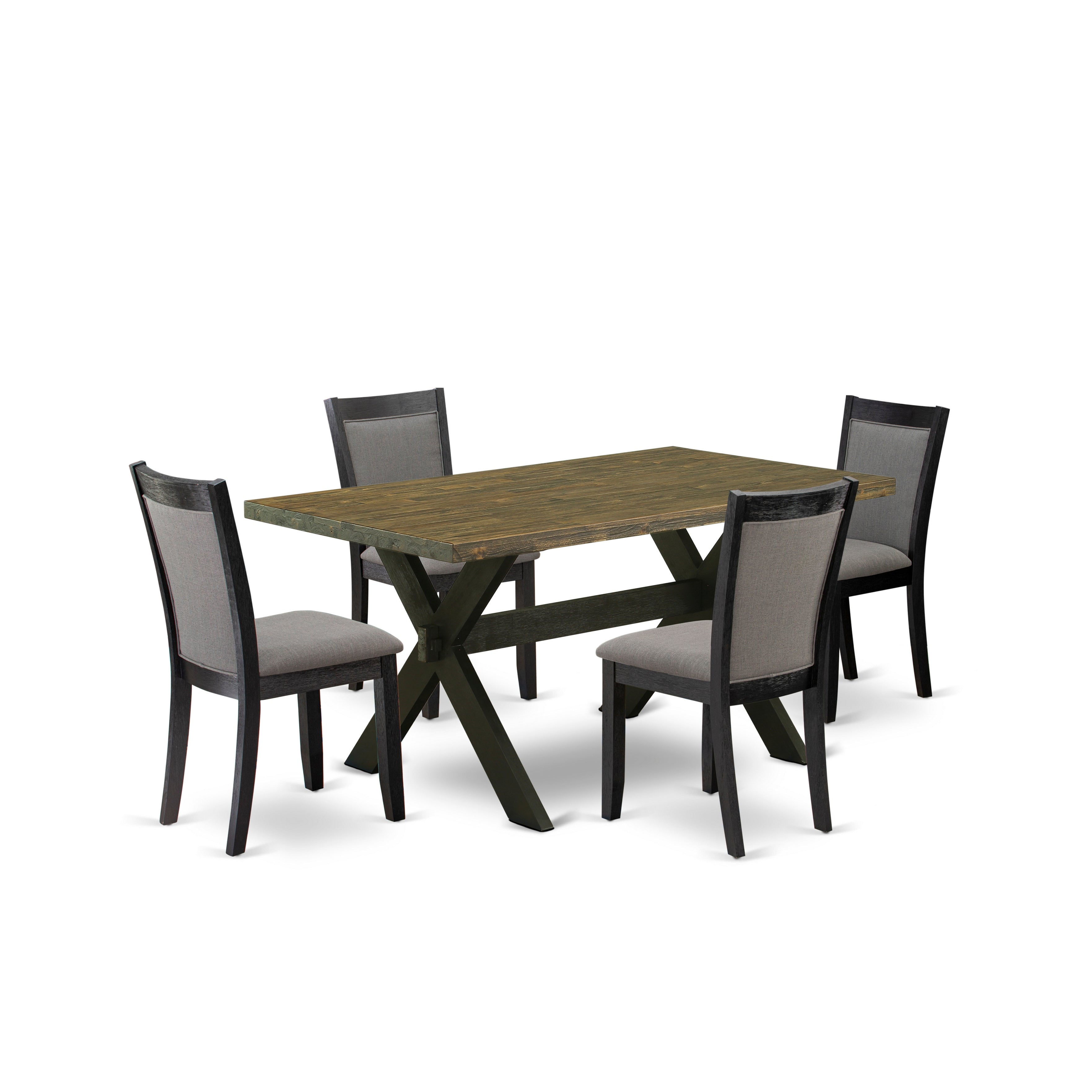 East West Furniture X676MZ650-5 5 Piece Dining Set - A Distressed Jacobean Top Dinner Table with Trestle Base and 4 Dark Gotham Grey Linen Fabric Wood Dining Chairs - Wire Brushed Black Finish