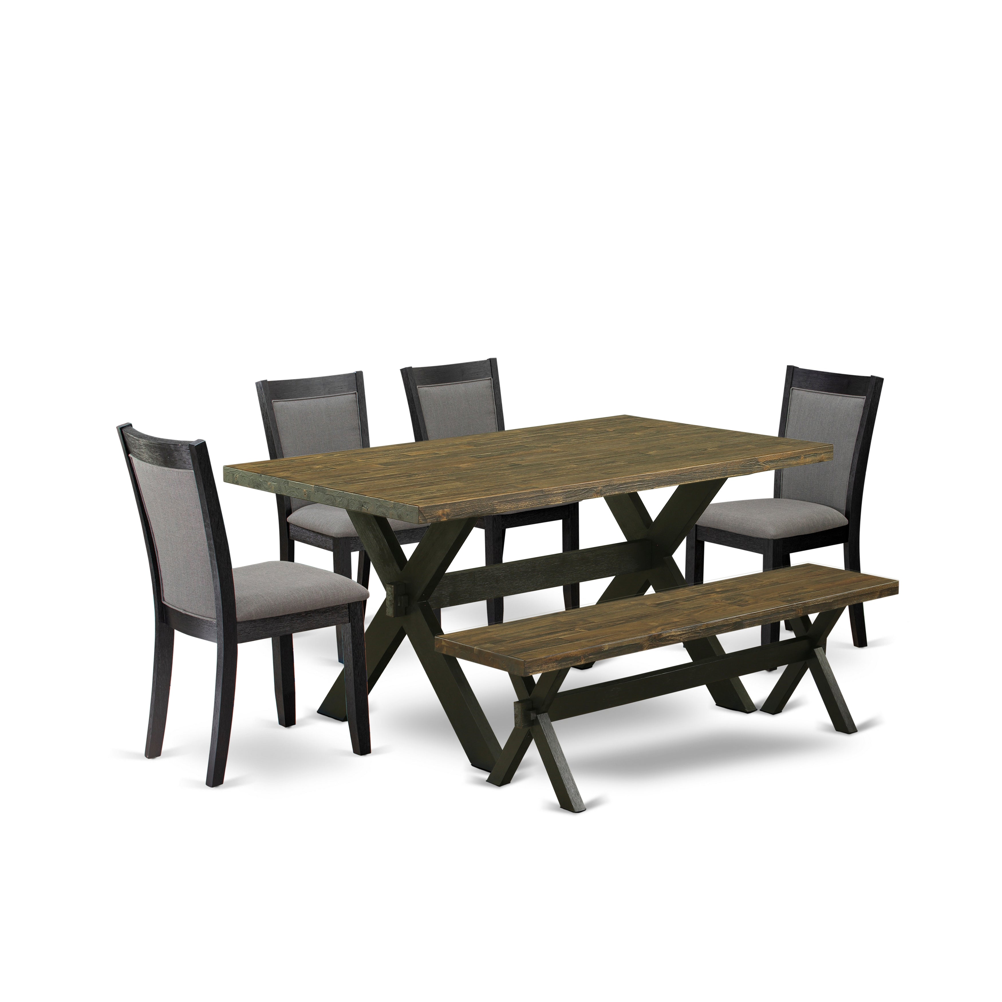 East West Furniture X676MZ650-6 6 Piece Table Set - Distressed Jacobean Top Dining Table with Bench and 4 Dark Gotham Grey Linen Fabric Wooden Dining Chairs - Wire Brushed Black Finish