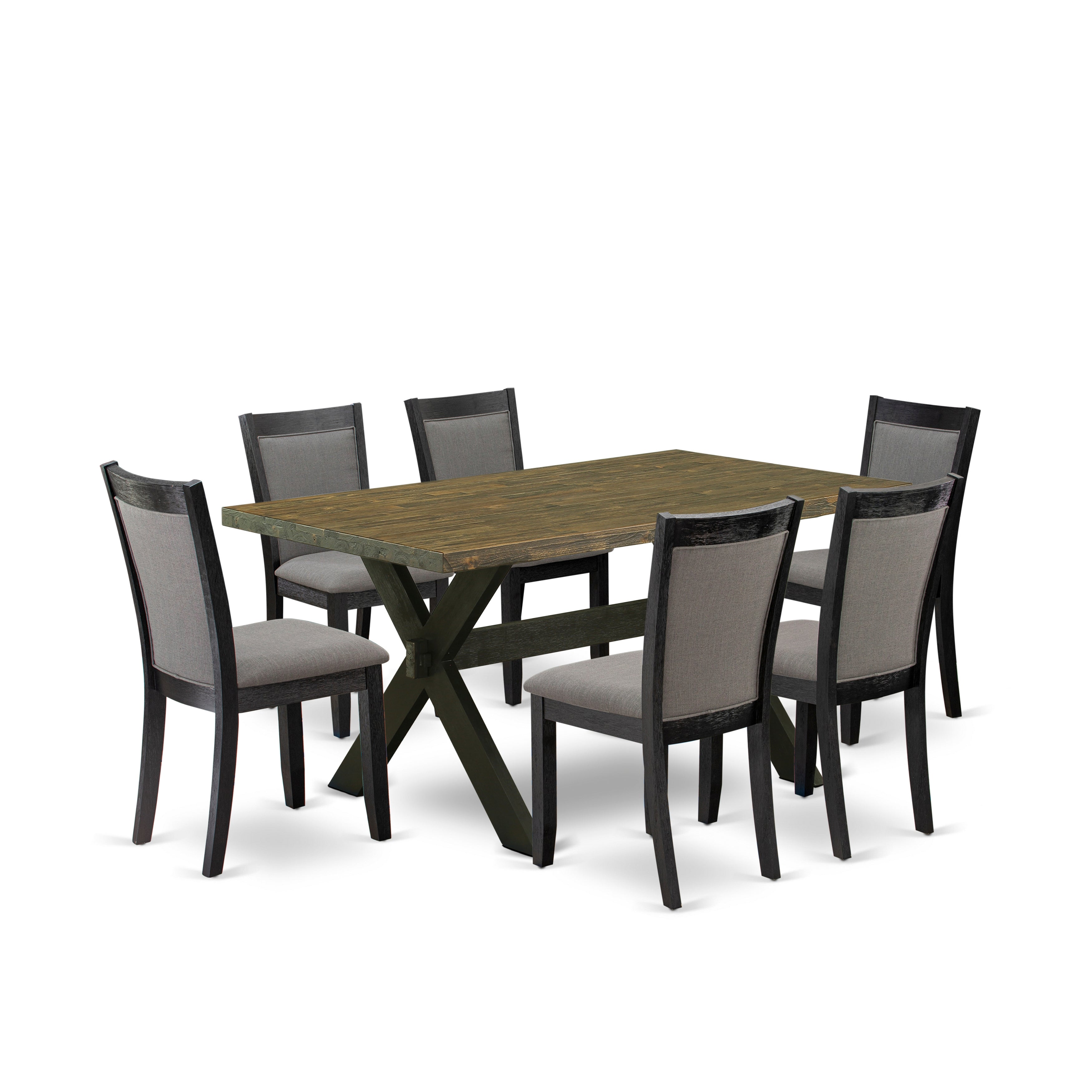 East West Furniture X676MZ650-7 7 Piece Dinette Set - Distressed Jacobean Top Kitchen Table with Trestle Base and 6 Dark Gotham Grey Linen Fabric Parson Dining Chairs - Wire Brushed Black Finish