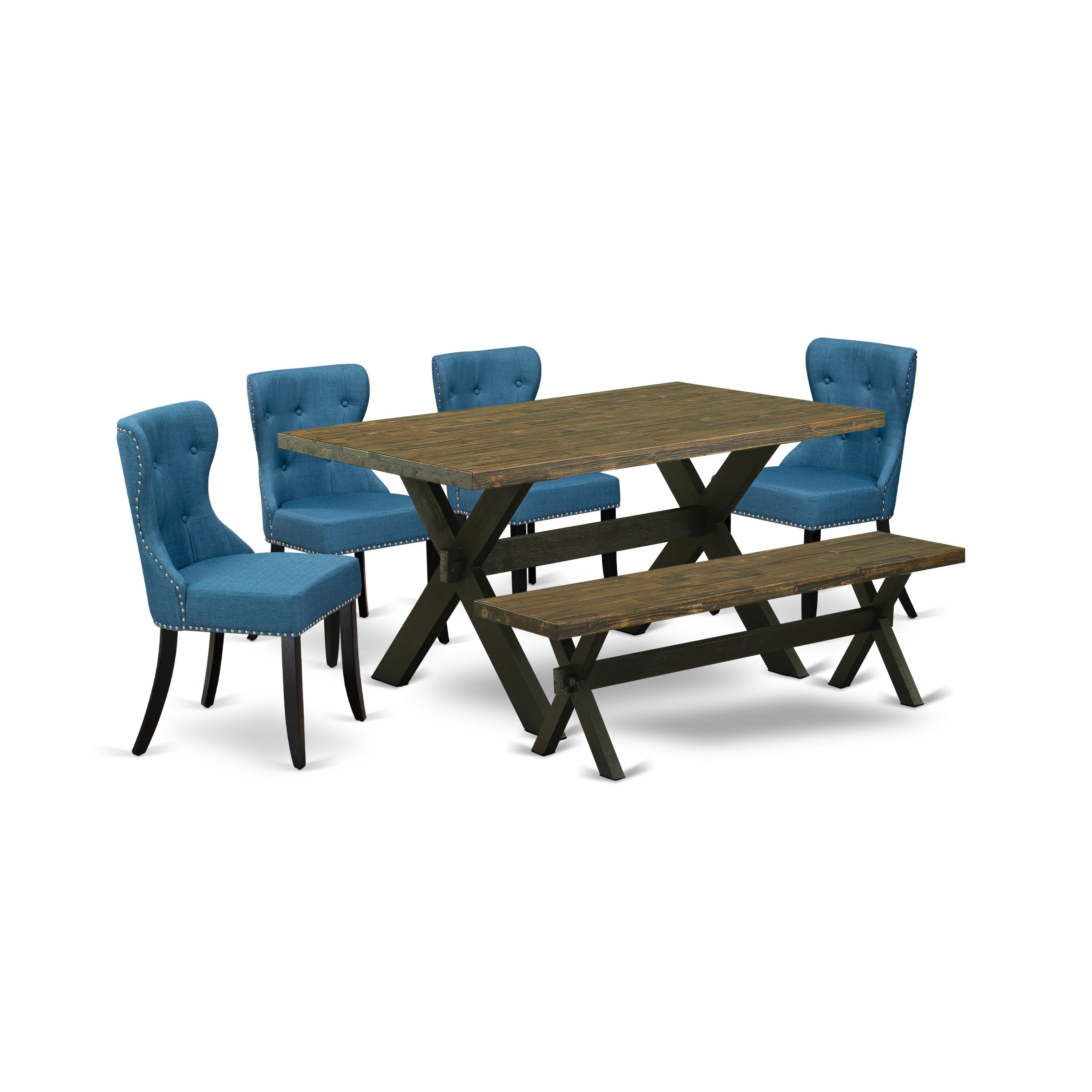 East West Furniture 6-Pc Modern Dining Table Set- 4 Padded Parson Chairs with Blue Linen Fabric Seat and Button Tufted Chair Back - Rectangular top & Wooden Cross Legs Modern Dining Table and Wooden Bench - Distressed Jacobean and Black Finish