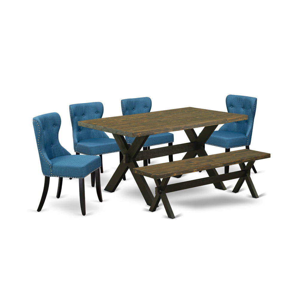 Juego de mesa de comedor de 6 piezas East West Furniture X676SI121-6. Contiene una mesa rectangular de madera con patas en forma de X y 4 sillas tapizadas en tela de lino azul con un banco.