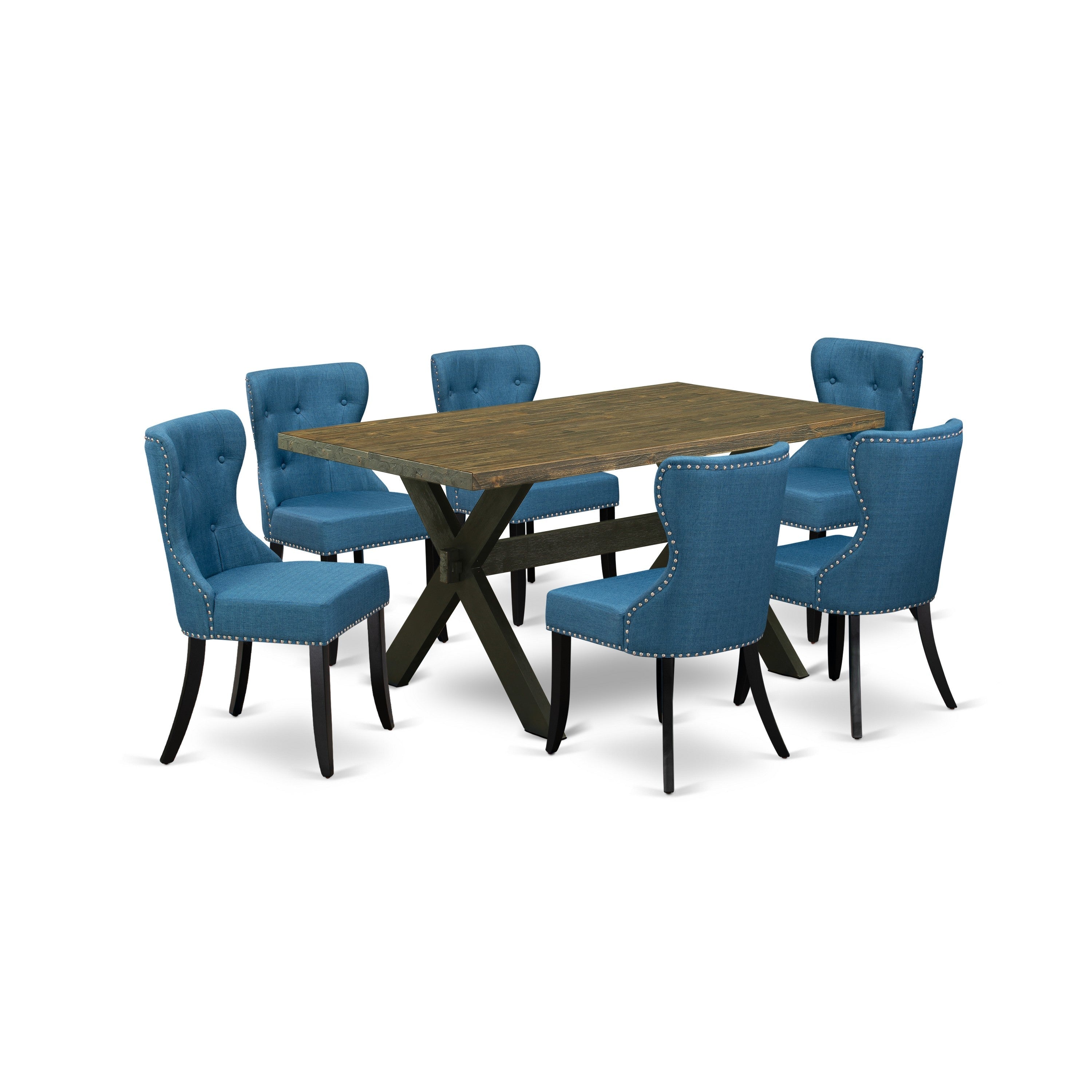 East West Furniture 7-Pc Kitchen Dining Set- 6 padded parson chairs with Blue Linen Fabric Seat and Button Tufted Chair Back - Rectangular Table top & Wooden Cross Legs - Distressed Jacobean and Black Finish