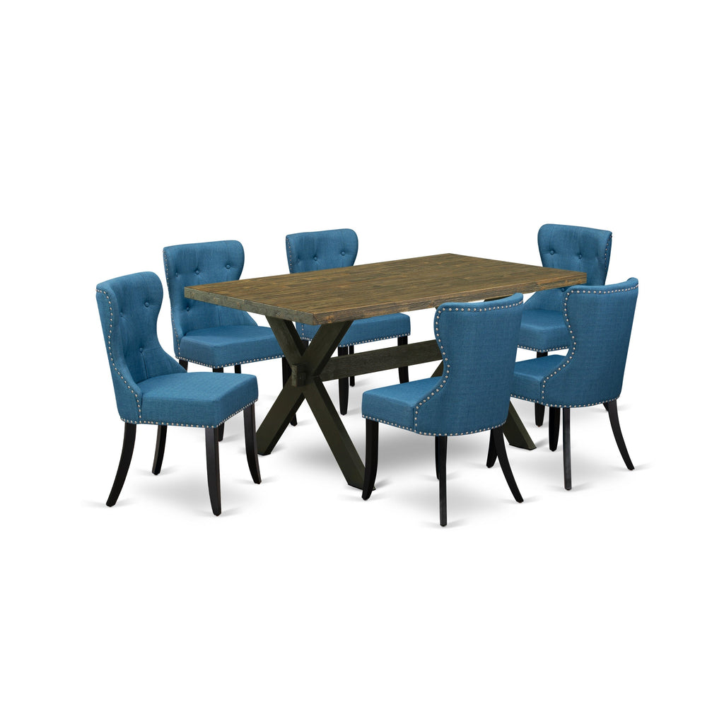 East West Furniture X676SI121-7 7 Piece Dining Room Furniture Set Consist of a Rectangle Dining Table with X-Legs and 6 Blue Linen Fabric Upholstered Chairs