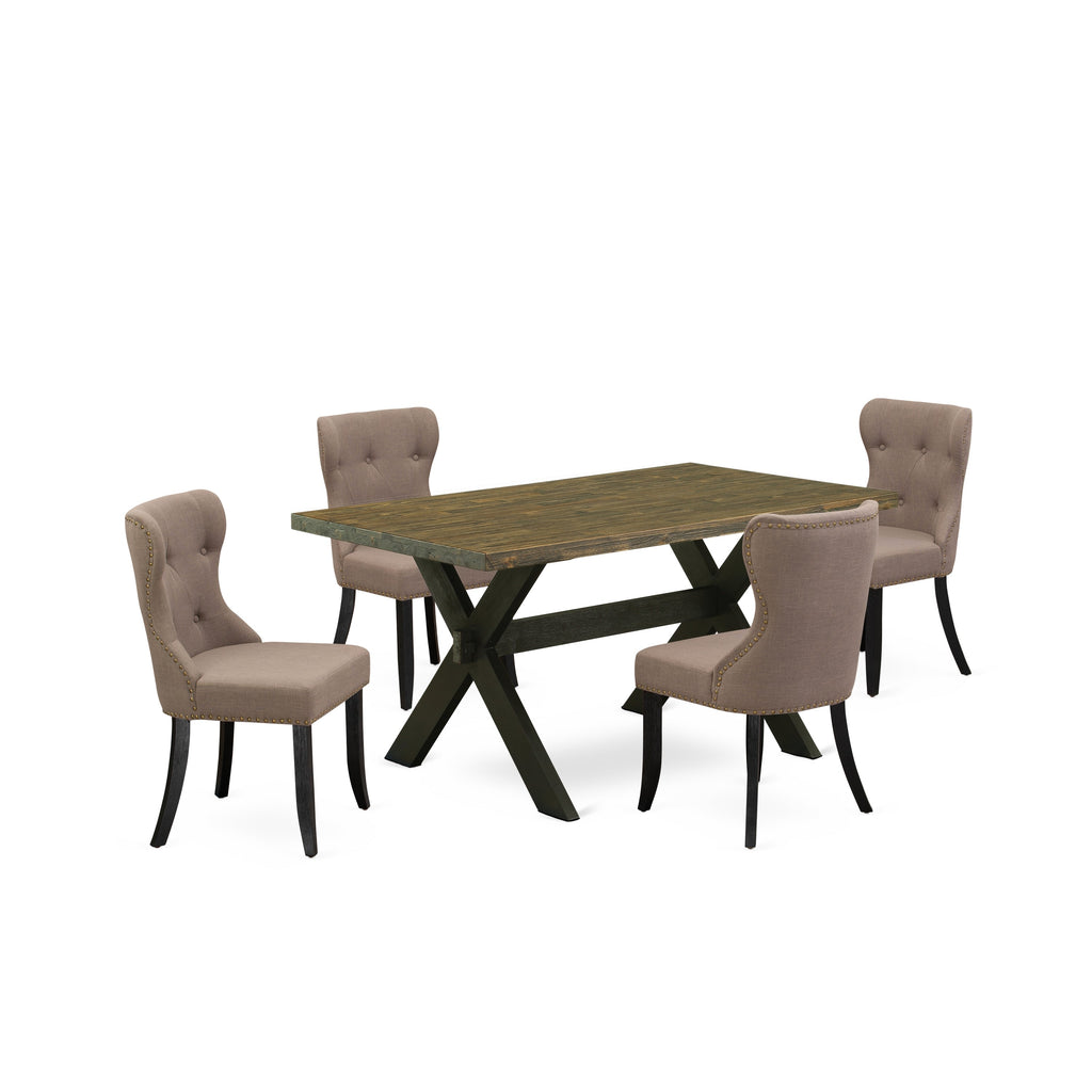 East West Furniture X676SI648-5 5 Piece Kitchen Table Set for 4 Includes a Rectangle Dining Room Table with X-Legs and 4 Coffee Linen Fabric Upholstered Chairs, 36x60 Inch, Multi-Color