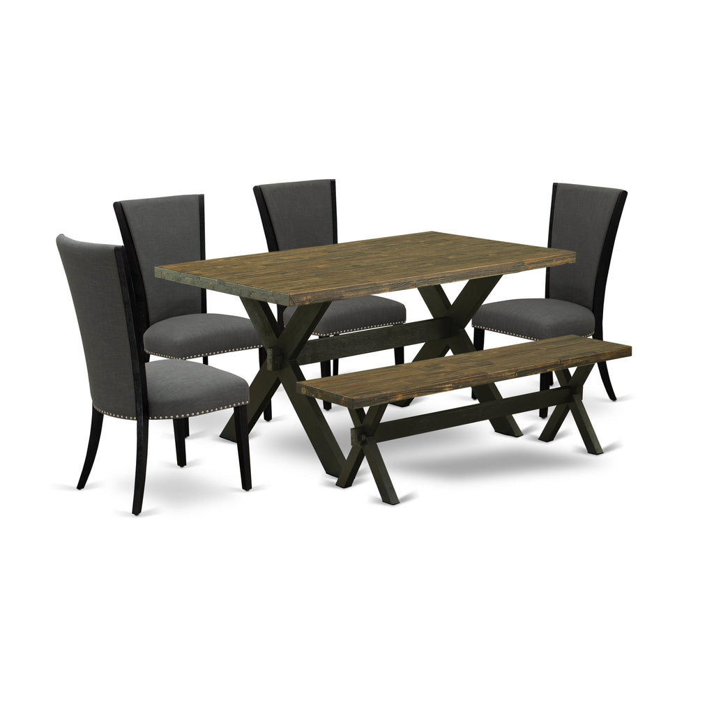 Juego de comedor de 6 piezas East West Furniture X676VE650-6. Contiene una mesa de comedor rectangular con patas en forma de X y 4 sillas Parson de tela de lino Gotham oscuro con un banco.