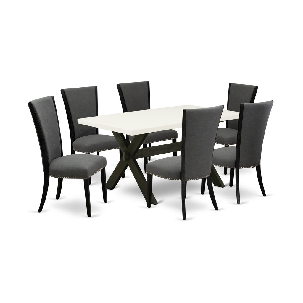 X676VE650-7 Juego de comedor de 7 piezas: mesa rectangular de 36 x 60 y 6 sillas Parson, color negro cepillado y jacobino envejecido.