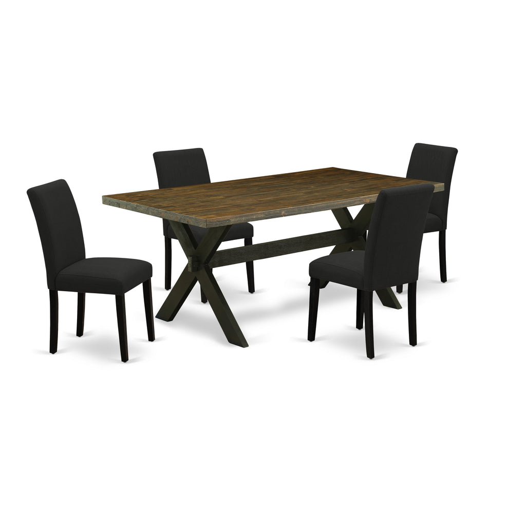 Juego de comedor de 5 piezas East West Furniture X677AB624-5. Incluye una mesa de comedor rectangular con patas en forma de X y 4 sillas Parson tapizadas en tela de lino de color negro.