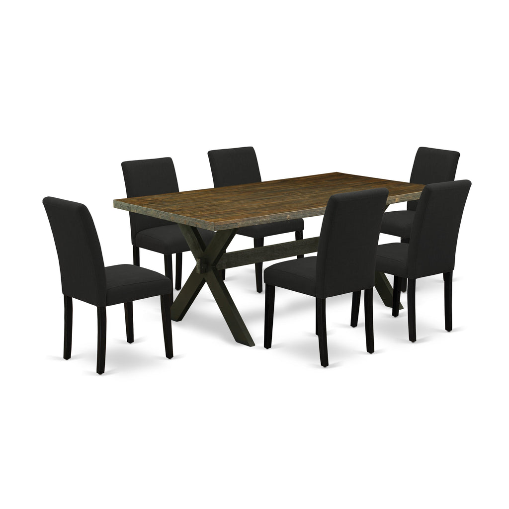 Juego de comedor East West Furniture X677AB624-7 de 7 piezas compuesto por una mesa de comedor rectangular con patas en forma de X y 6 sillas tapizadas en tela de lino de color negro.