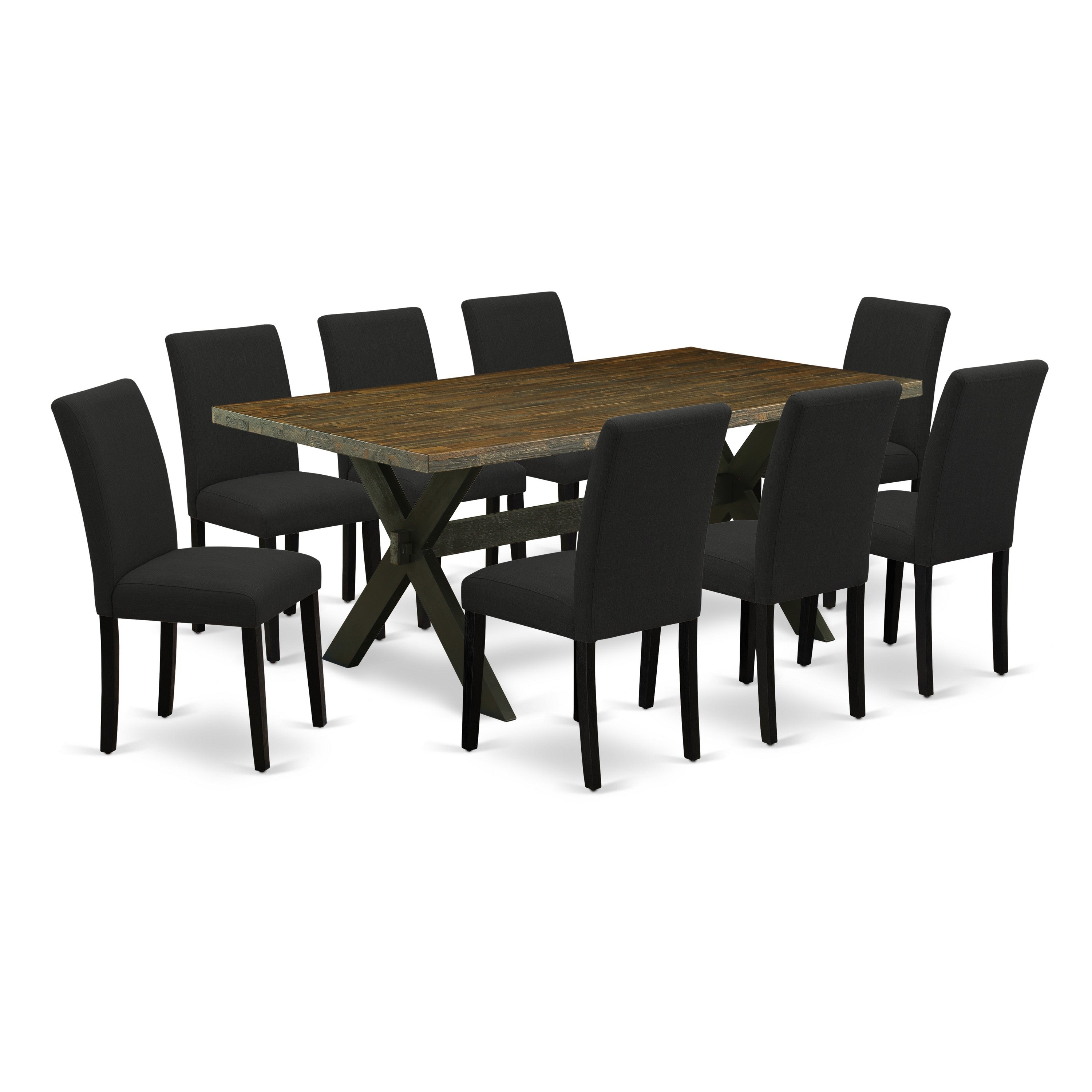 El juego de mesa de comedor East West Furniture X677AB624-9 de 9 piezas incluye una mesa de cocina rectangular con patas en forma de X y 8 sillas de comedor Parson de tela de lino de color negro.