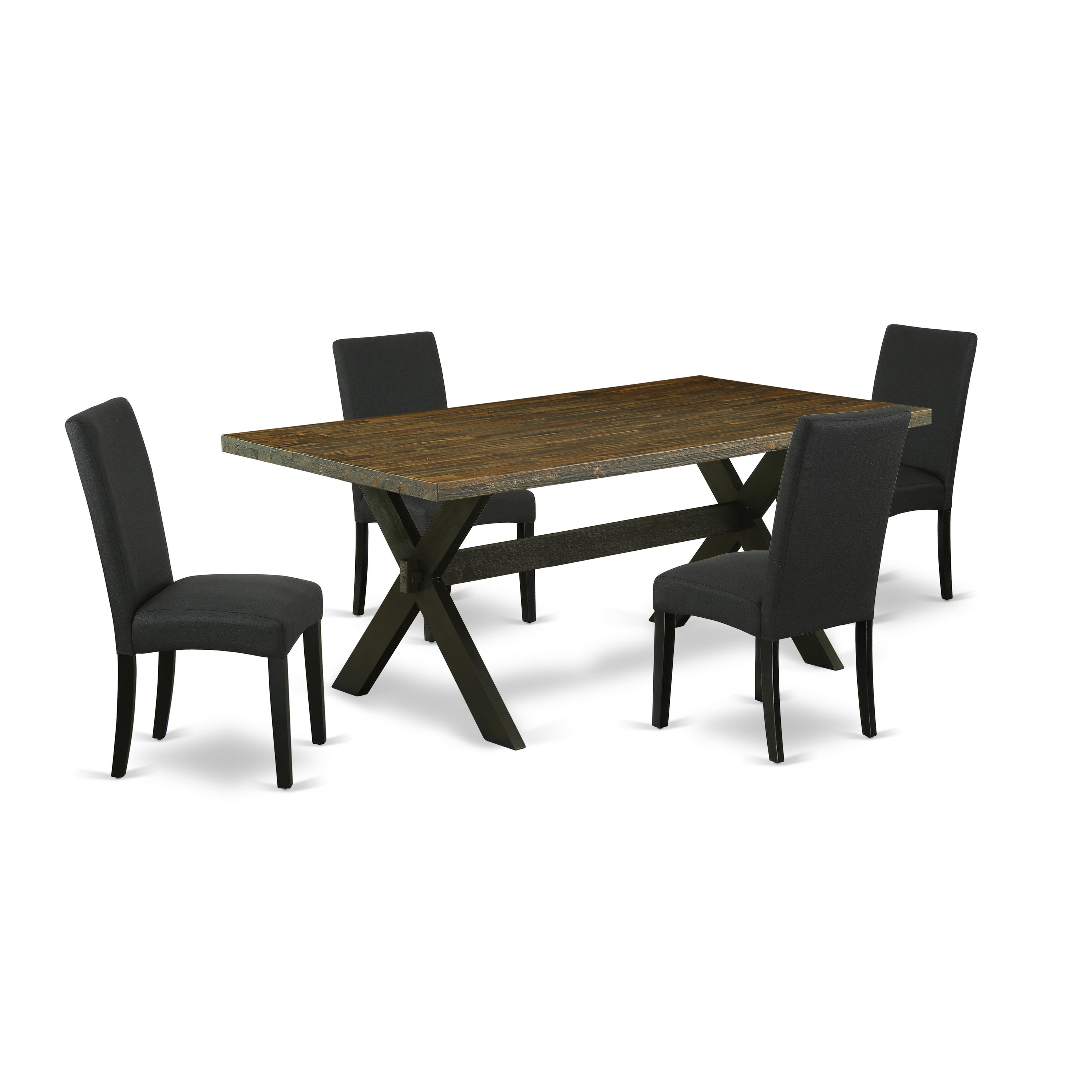 El juego de mesa de comedor de 5 piezas East West Furniture X677DR124-5 incluye una mesa de comedor rectangular con patas en forma de X y 4 sillas tapizadas en tela de lino de color negro.