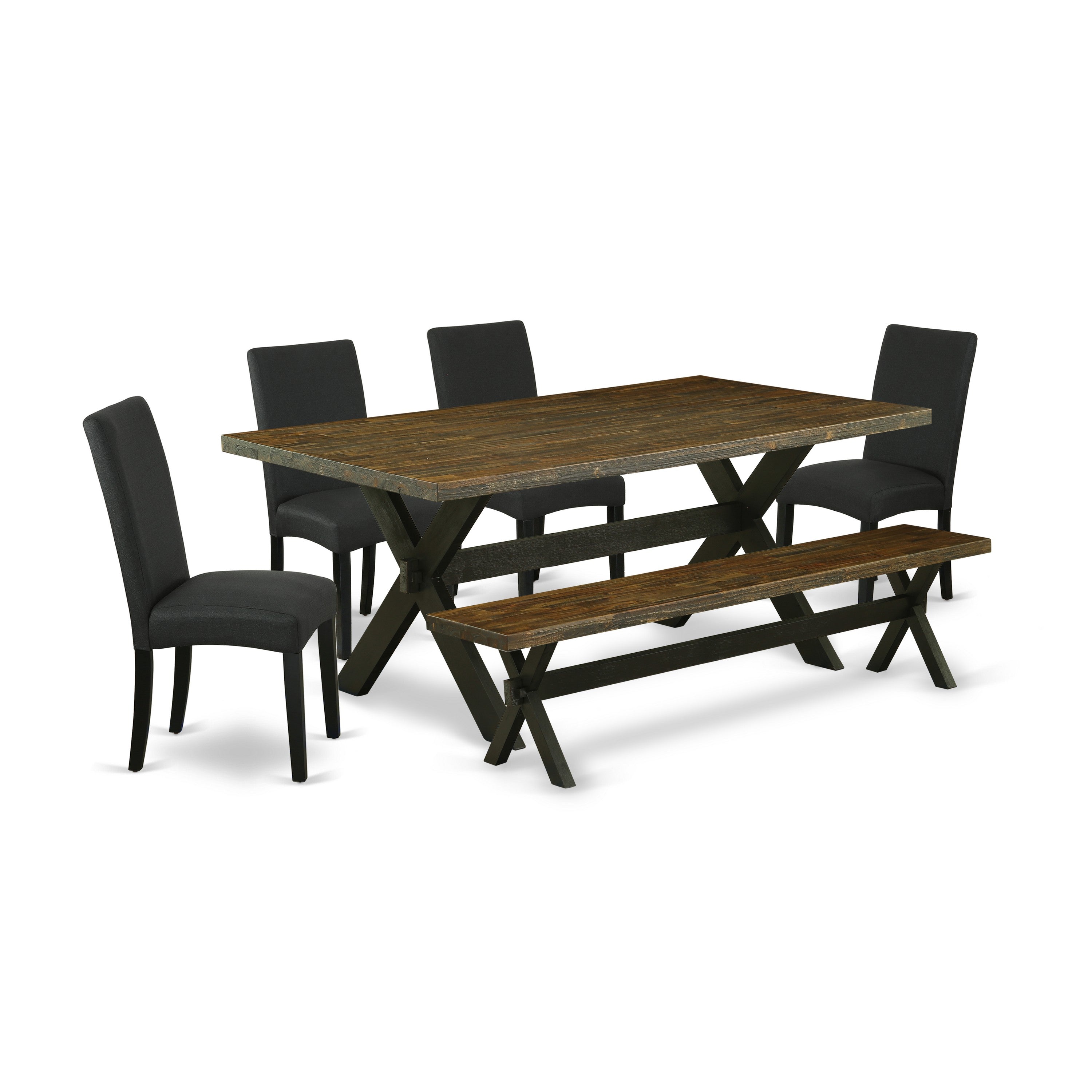 Juego de comedor de 6 piezas East West Furniture X677DR124-6 que incluye una mesa de comedor rectangular con patas en forma de X y 4 sillas tapizadas en tela de lino de color negro con un banco.
