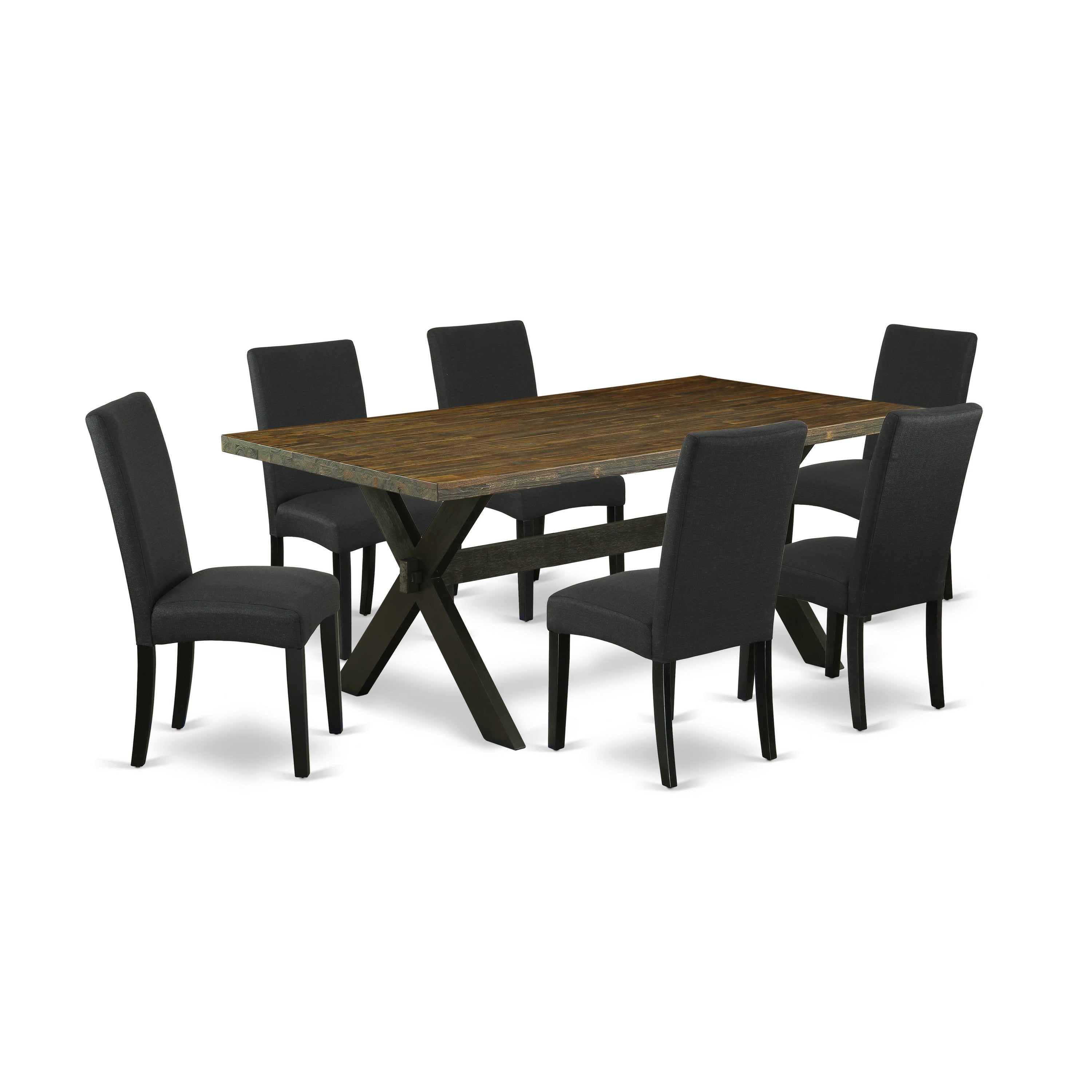 Juego de comedor East West Furniture X677DR124-7 de 7 piezas compuesto por una mesa de comedor rectangular con patas en forma de X y 6 sillas tapizadas en tela de lino color negro.
