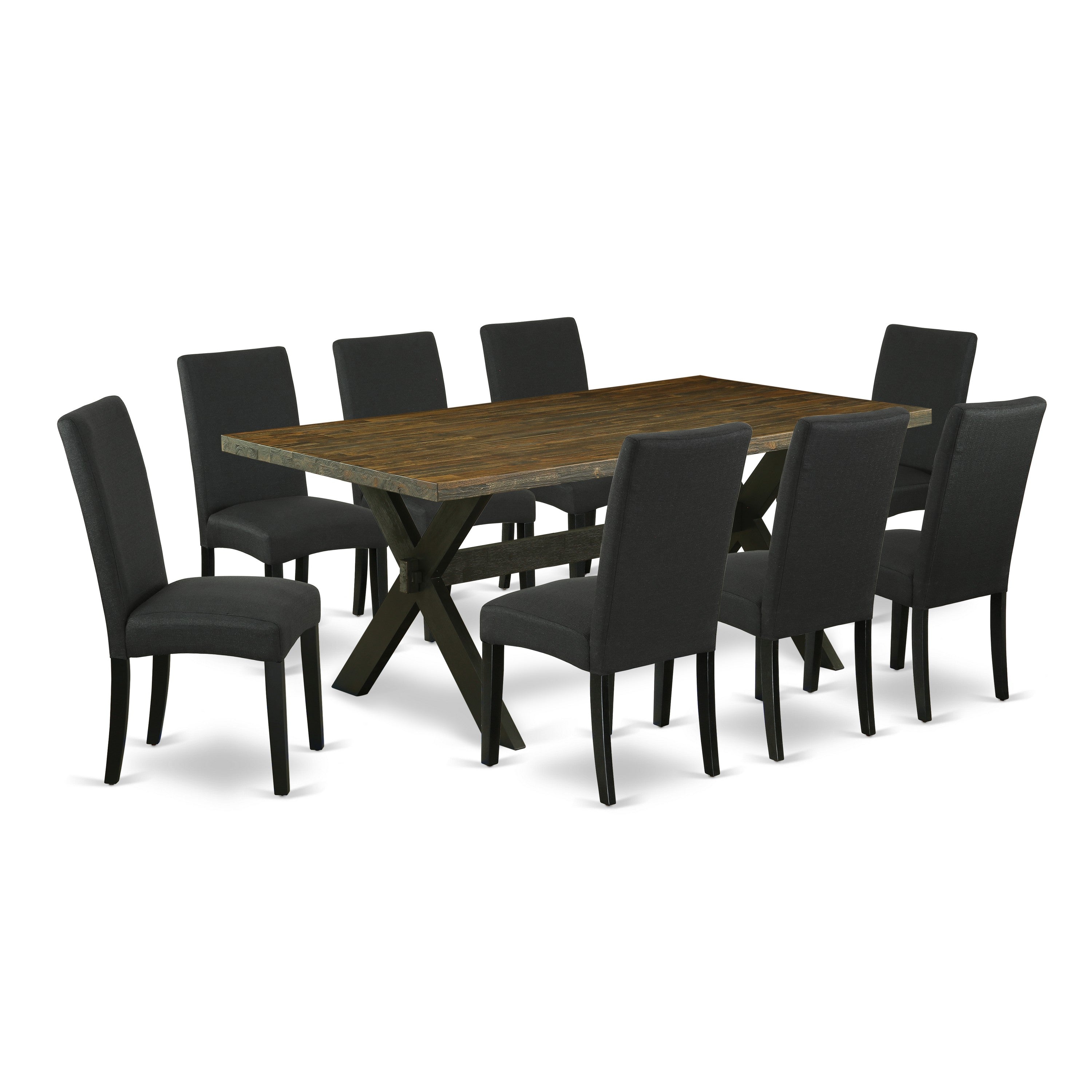 East West Furniture 9-Pc Dining Table Set- 8 Parson Dining Chairs with Black Linen Fabric Seat and Stylish Chair Back - Rectangular Table top & Wooden Cross Legs - Distressed Jacobean and Black Finish