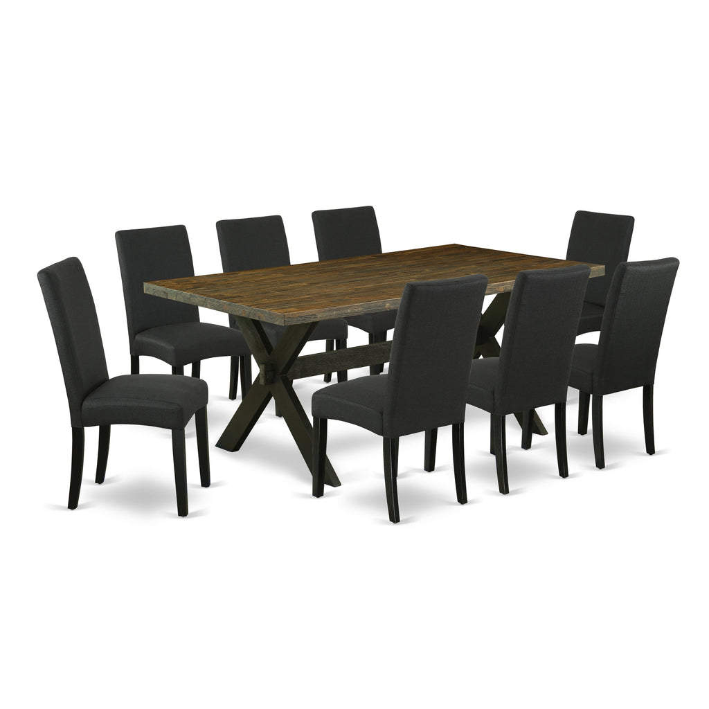East West Furniture X677DR124-9 9 Piece Dining Room Table Set Includes a Rectangle Kitchen Table with X-Legs and 8 Black Color Linen Fabric Parson Dining Chairs, 40x72 Inch, Multi-Color