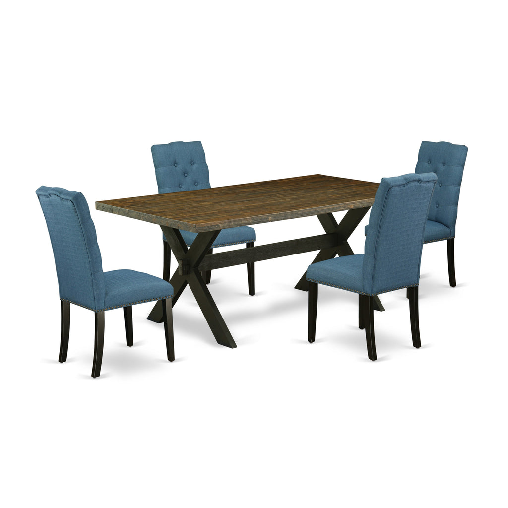 East West Furniture X677EL121-5 5 Piece Modern Dining Table Set Includes a Rectangle Wooden Table with X-Legs and 4 Blue Linen Fabric Upholstered Chairs