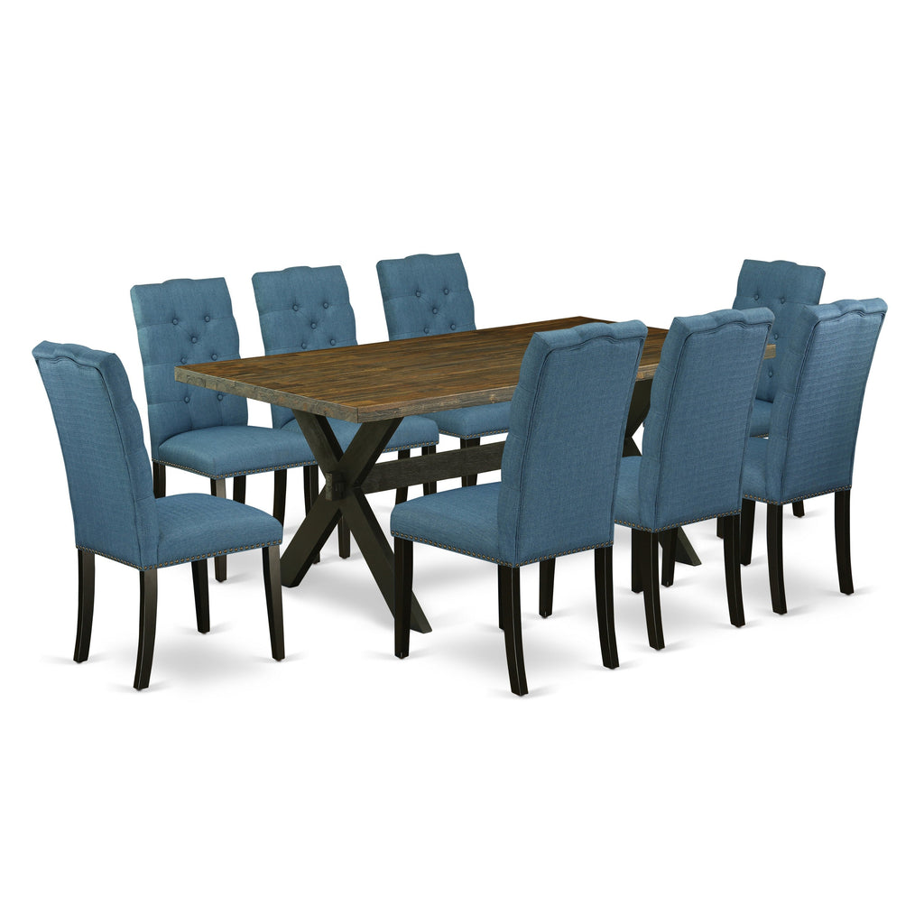 Juego de mesa de comedor moderna de 9 piezas East West Furniture X677EL121-9. Incluye una mesa rectangular de madera con patas en forma de X y 8 sillas de comedor Parson de tela de lino azul.